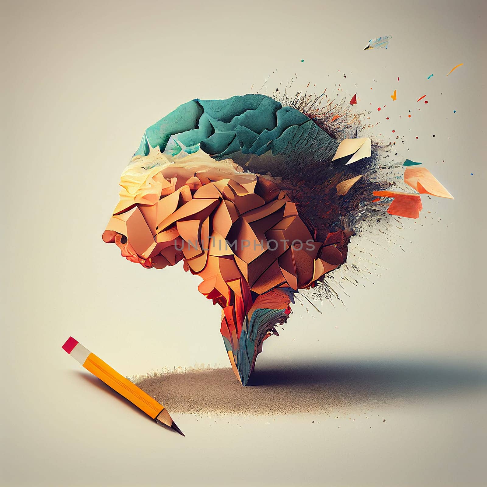 Creative brain with colorful splashes and pens, explosion of ideas, brainstorming for solutions, positive thinking, generative AI