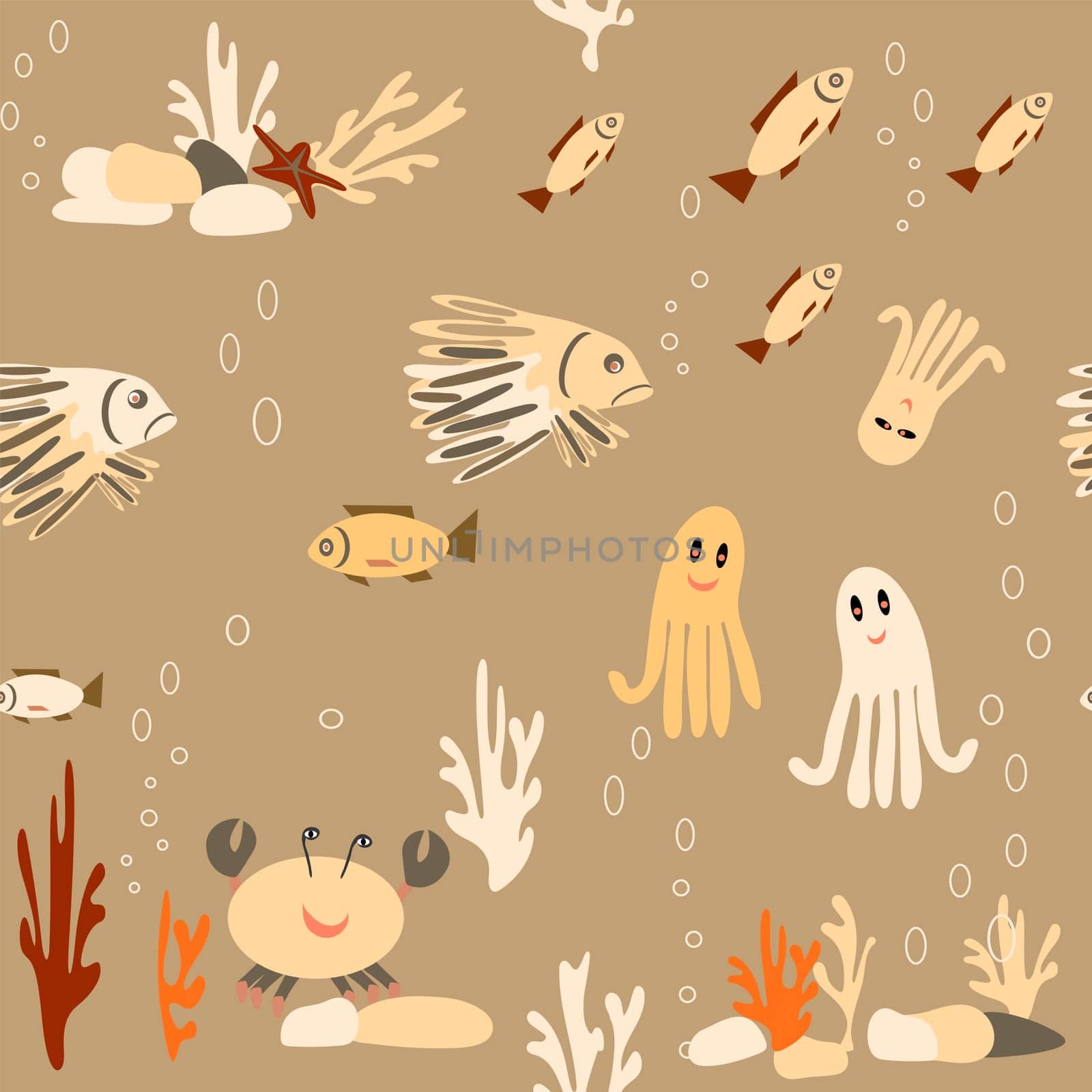 multicolored starfish and crabs on rocks seamless pattern without background