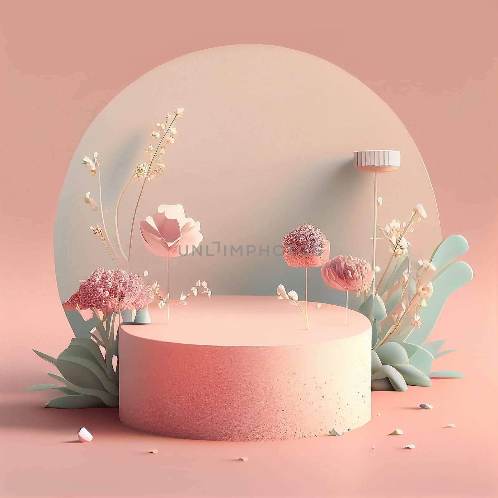 Podium platform 3d, pink pastel spring color, product display and showcase, promotion, generative AI