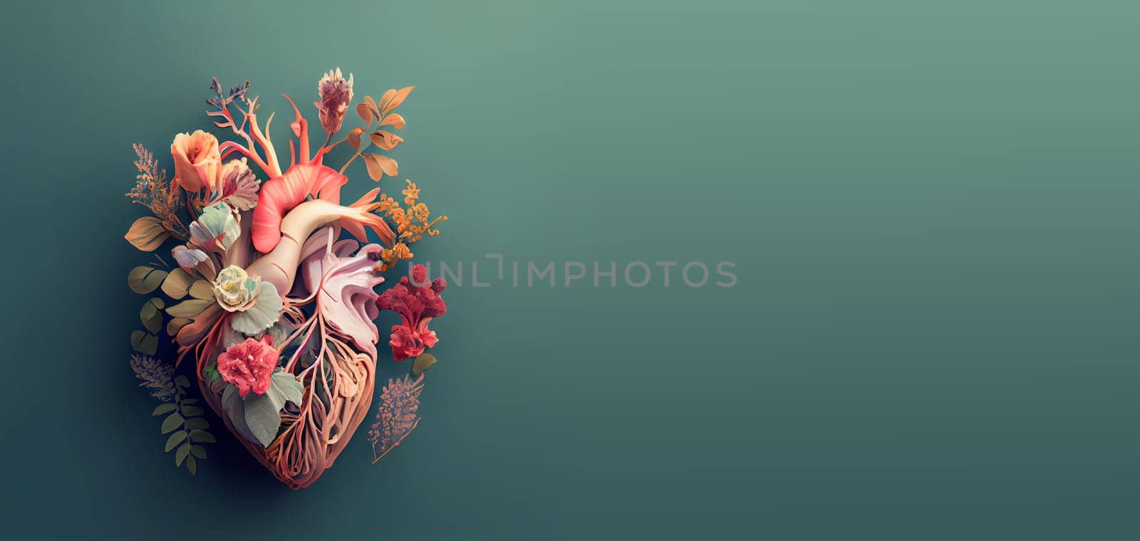 Human heart with flowers, love and emotion concept, good hearted person, help and charity, generative AI