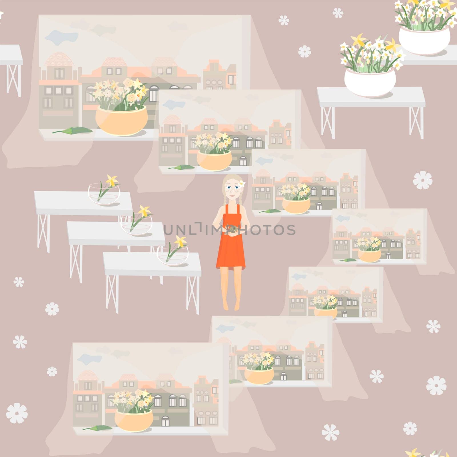 girl with a bird at the window seamless pattern