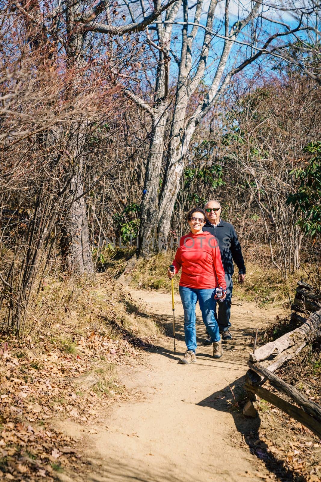 Senior couple is hiking in the woods in North Carolina in fall