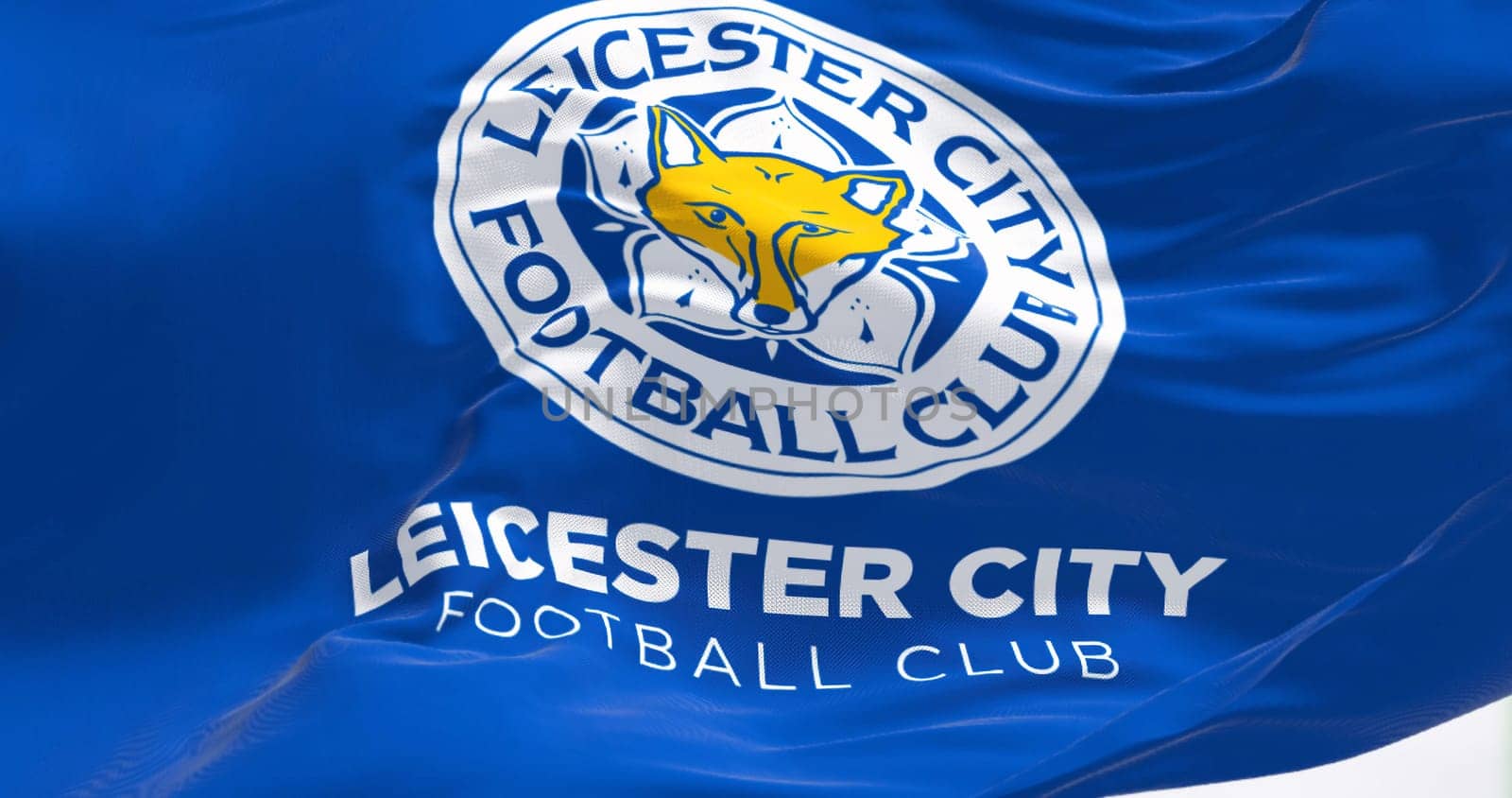 Leicester, UK, Oct. 2022: Leicester City FC flag waving. Leicester City FC is an English football club based in the city of Leicester. Illustrative editorial 3D illustration render