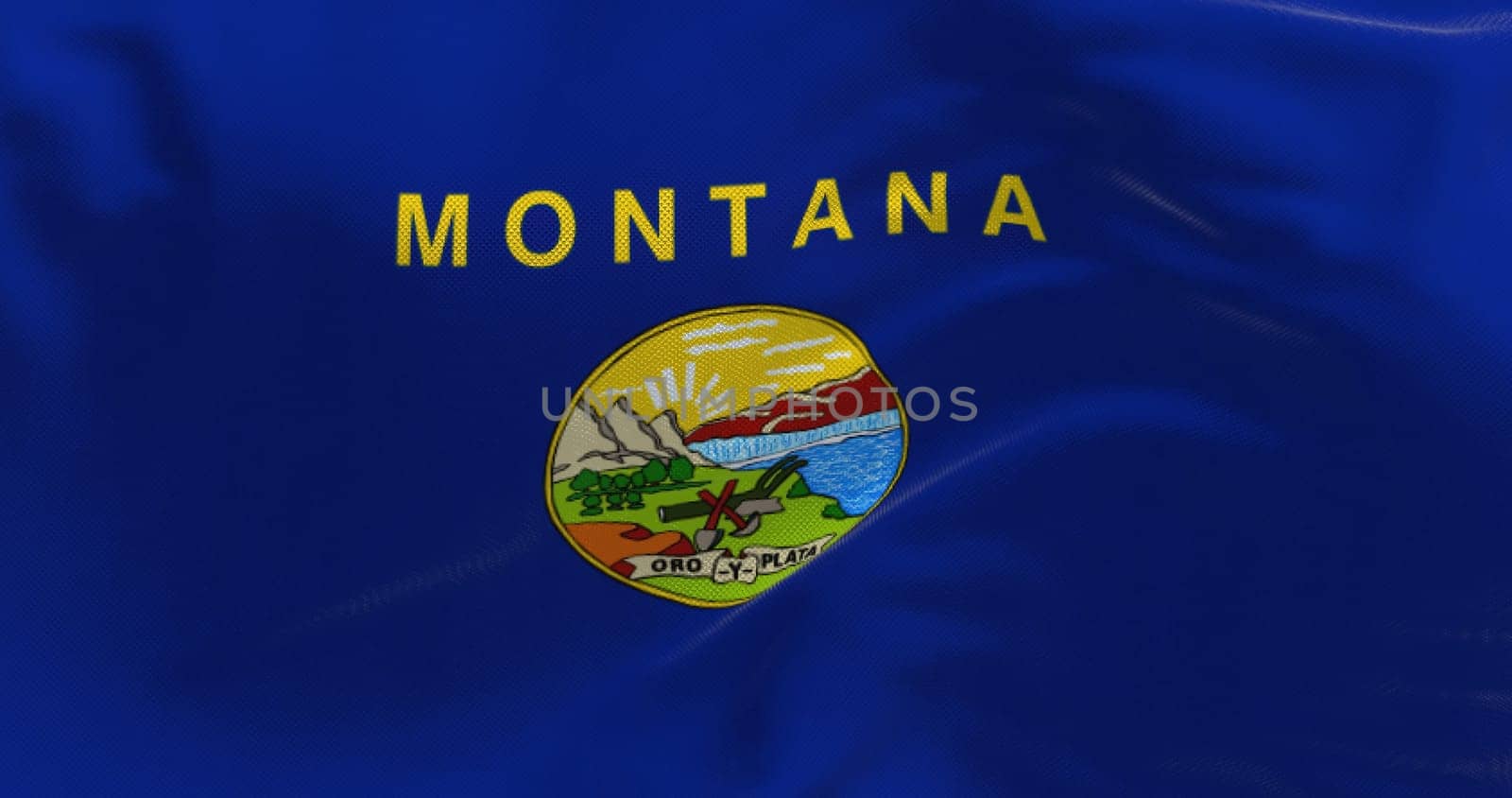Close-up of Montana state flag waving. Blue flag with coat of arms in the center. 3d illustration render. Close-up. Textured fabric background