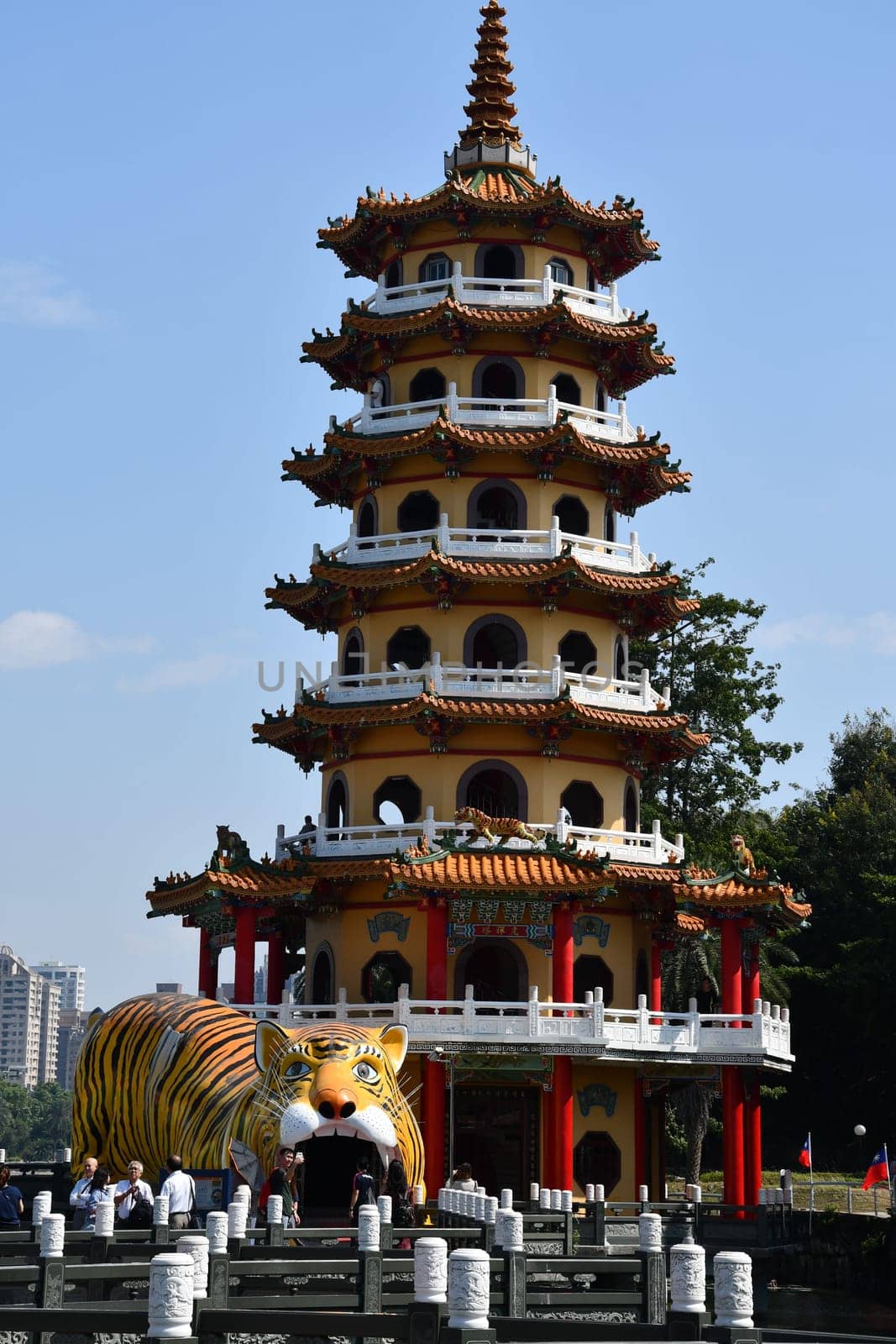 Vertical shot of the tiger decoration on a temple at Lotus Pond in Kaohsiung, Taiwan