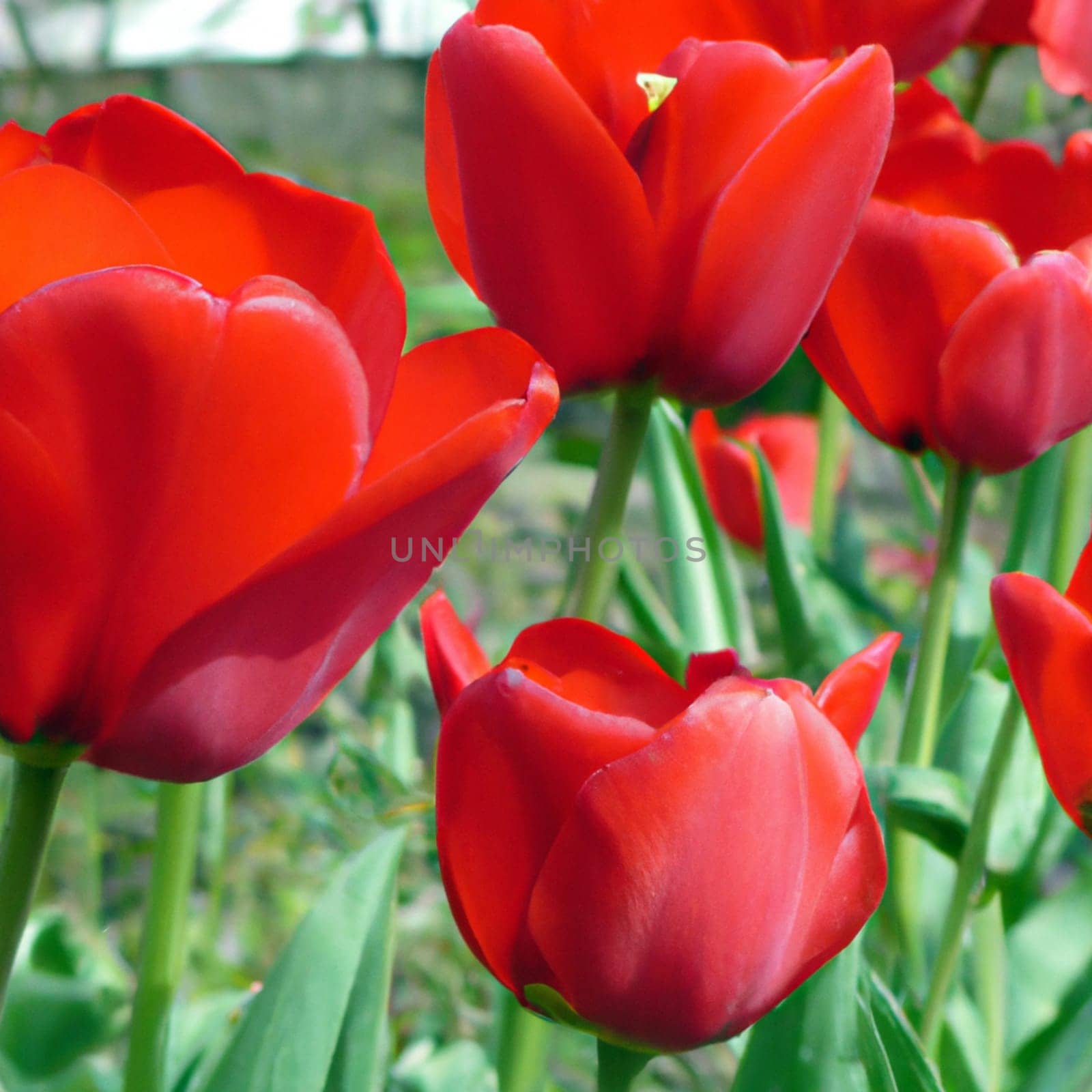 tulip Tulipa bulbous herbs in lily family Liliaceae. Tulips, garden flowers, cultivars and varieties. Flowers delicate bright reddish red color. Beautiful buds. Landscaping. Variety Darwin hybrids