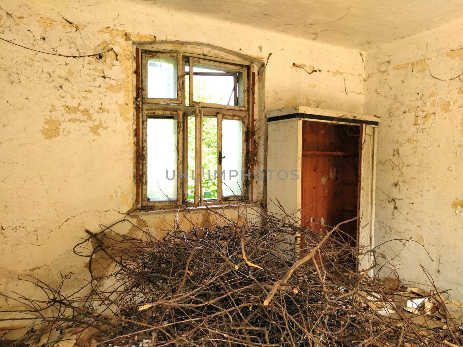 The interior of an abandoned old rural house with light cracked walls, an old beautiful window with broken glass and a floor covered with dirt, branches and brushwood