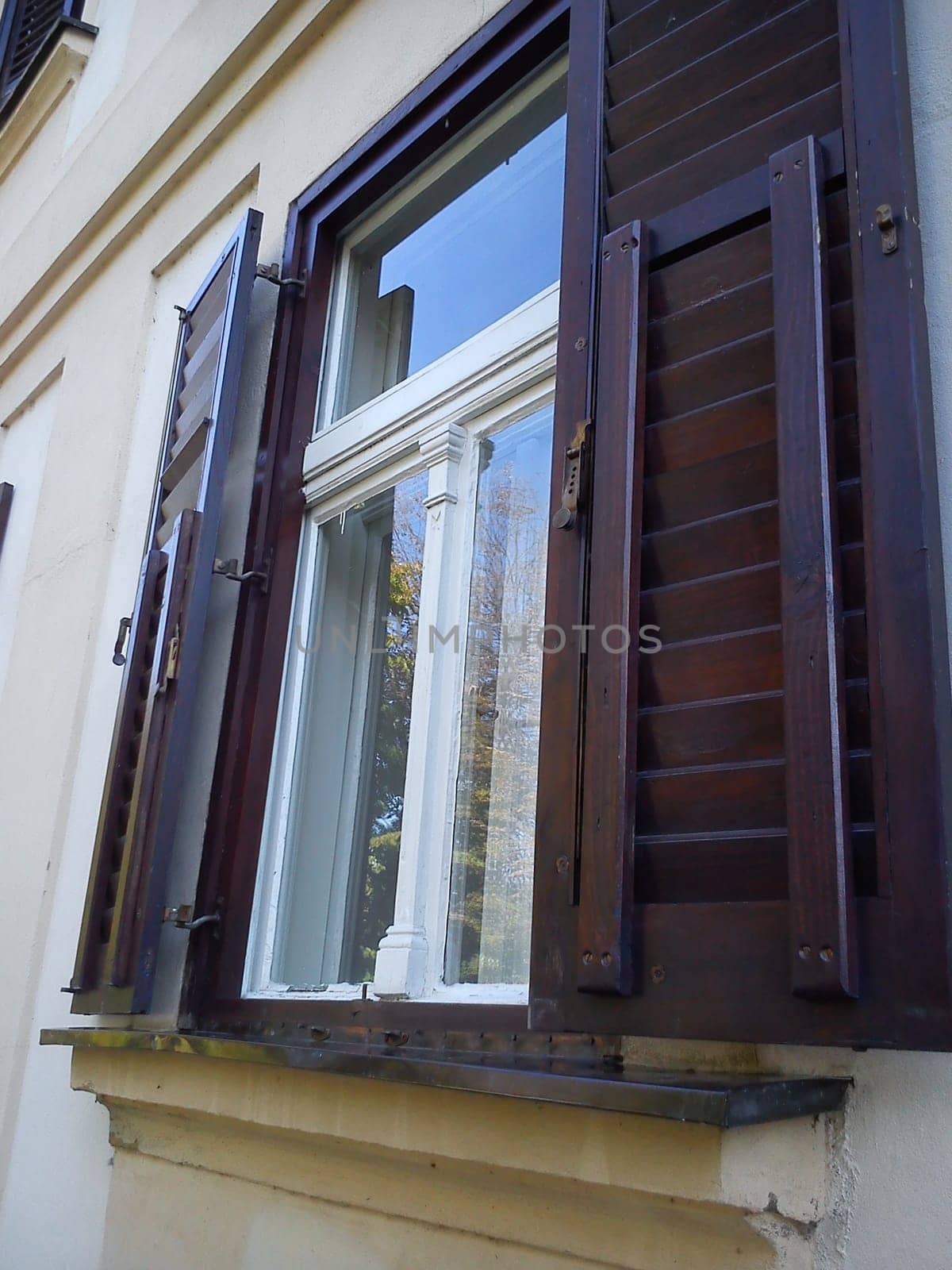 Window shutters traditionally made of wood. The glass reflects the sky and a tree with yellow foliage. Dark wood shutters on the windows of a stone building.