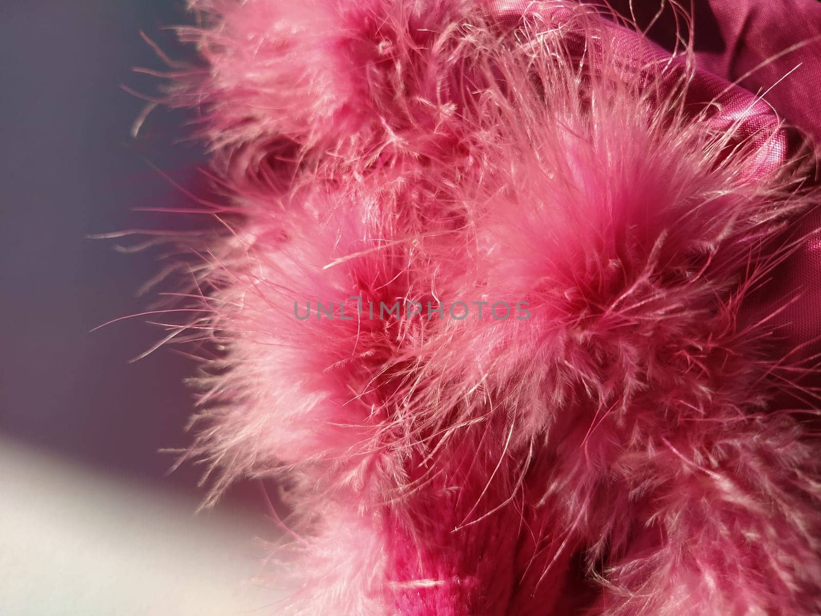 Pink faux fur or pink colored natural bird feathers close-up. Light feathers boa. Delicate texture. Greeting card Happy Valentines Day. Collar from a women's or girl's jacket. Bright pink or color.
