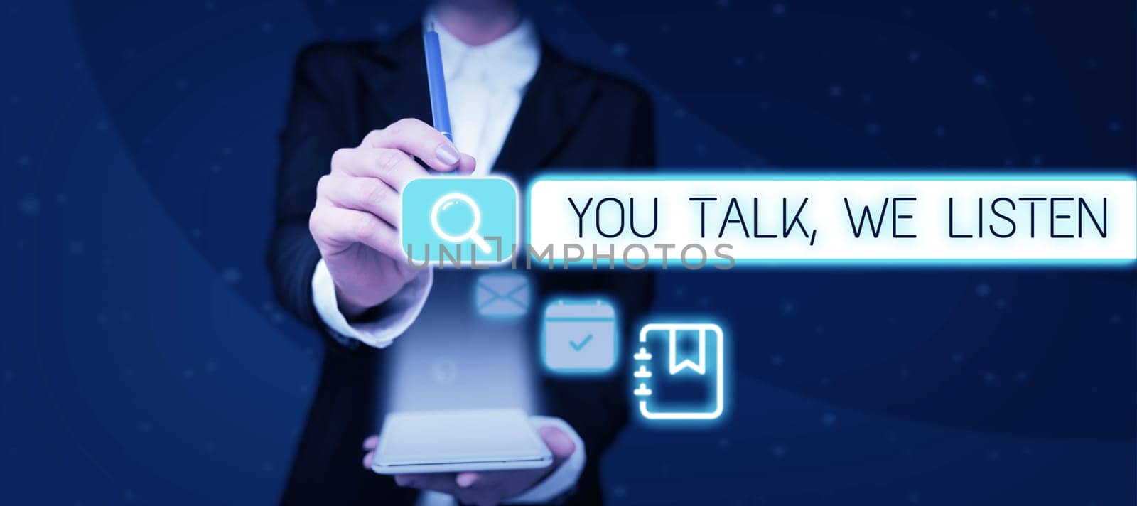 Hand writing sign You Talk, We Listen, Conceptual photo Two Way Communication Motivational Conversation