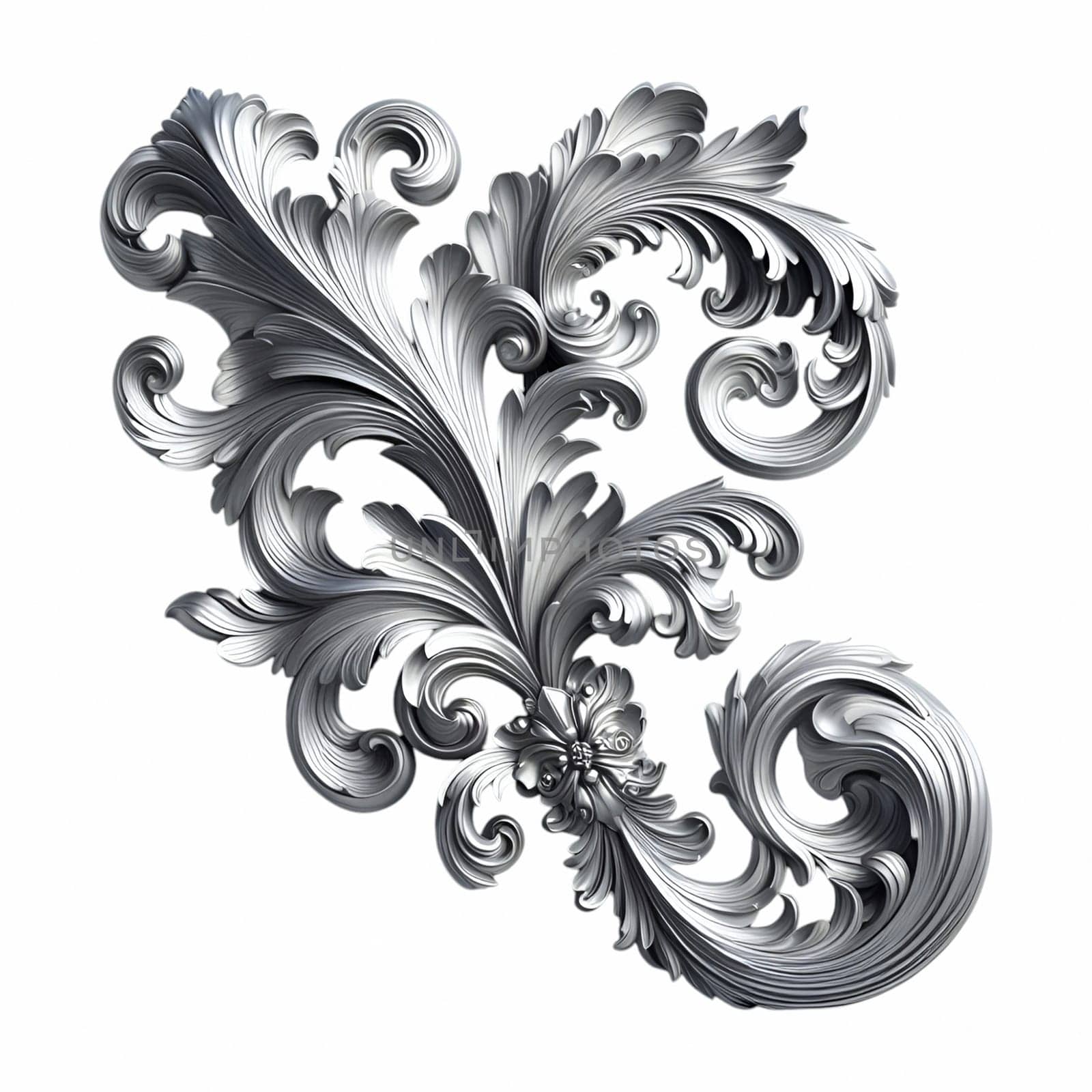 A silver baroque ornament featuring intricate scrolls and flourishes against a white background. the ornament has a vintage, antique appearance with a metallic, silver texture.