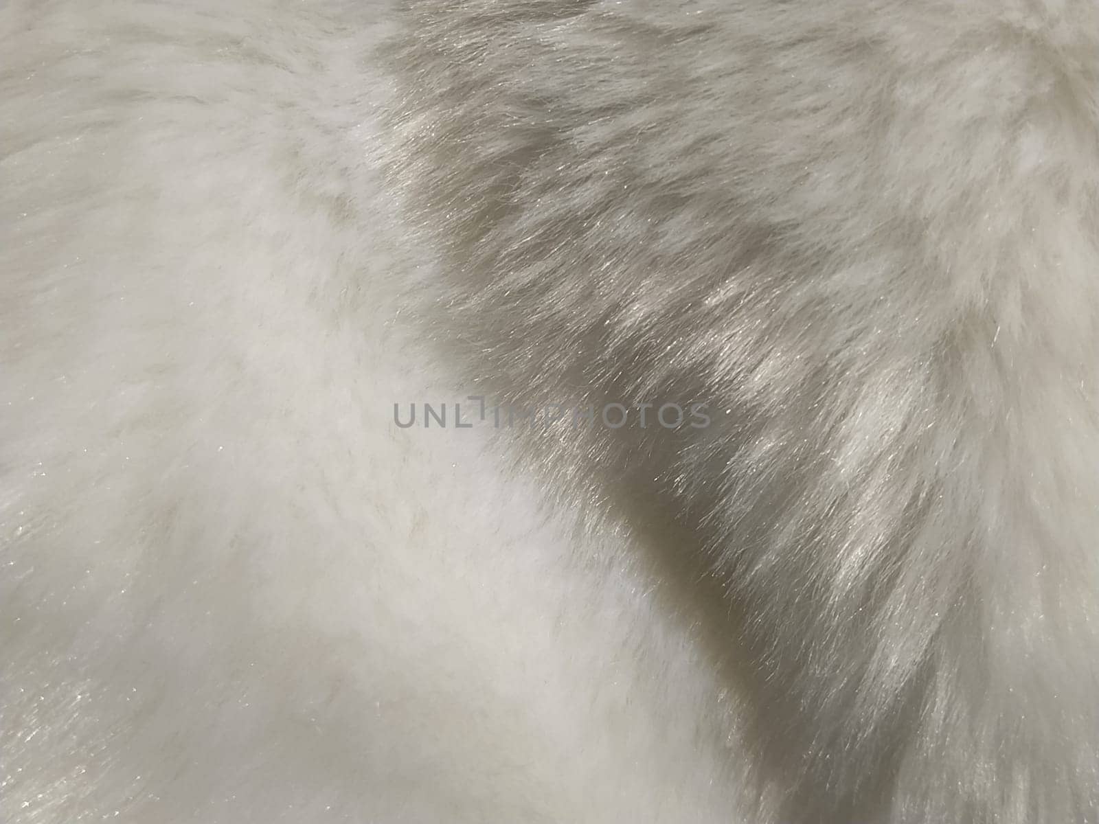 White faux fur. Close-up. Partially defocused photo. Fluffy villi.