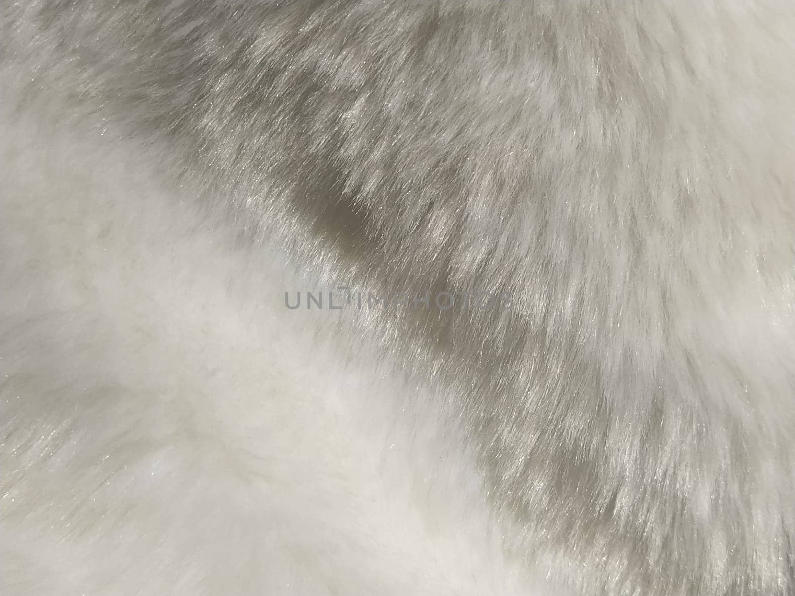 White faux fur. Close-up. Partially defocused photo. Fluffy villi.