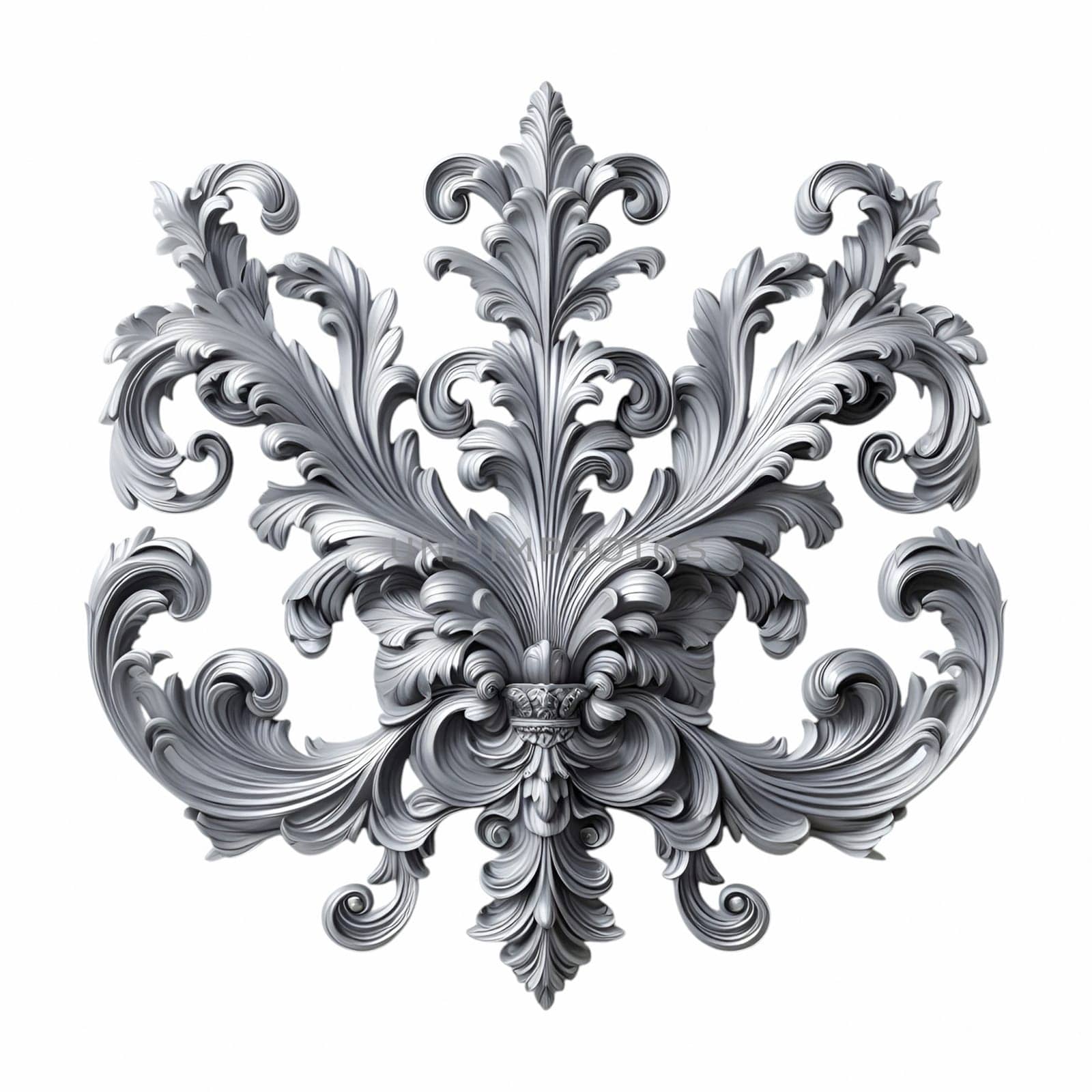 A silver baroque ornament featuring intricate scrolls and flourishes against a white background. the ornament has a vintage, antique appearance with a metallic, silver texture.