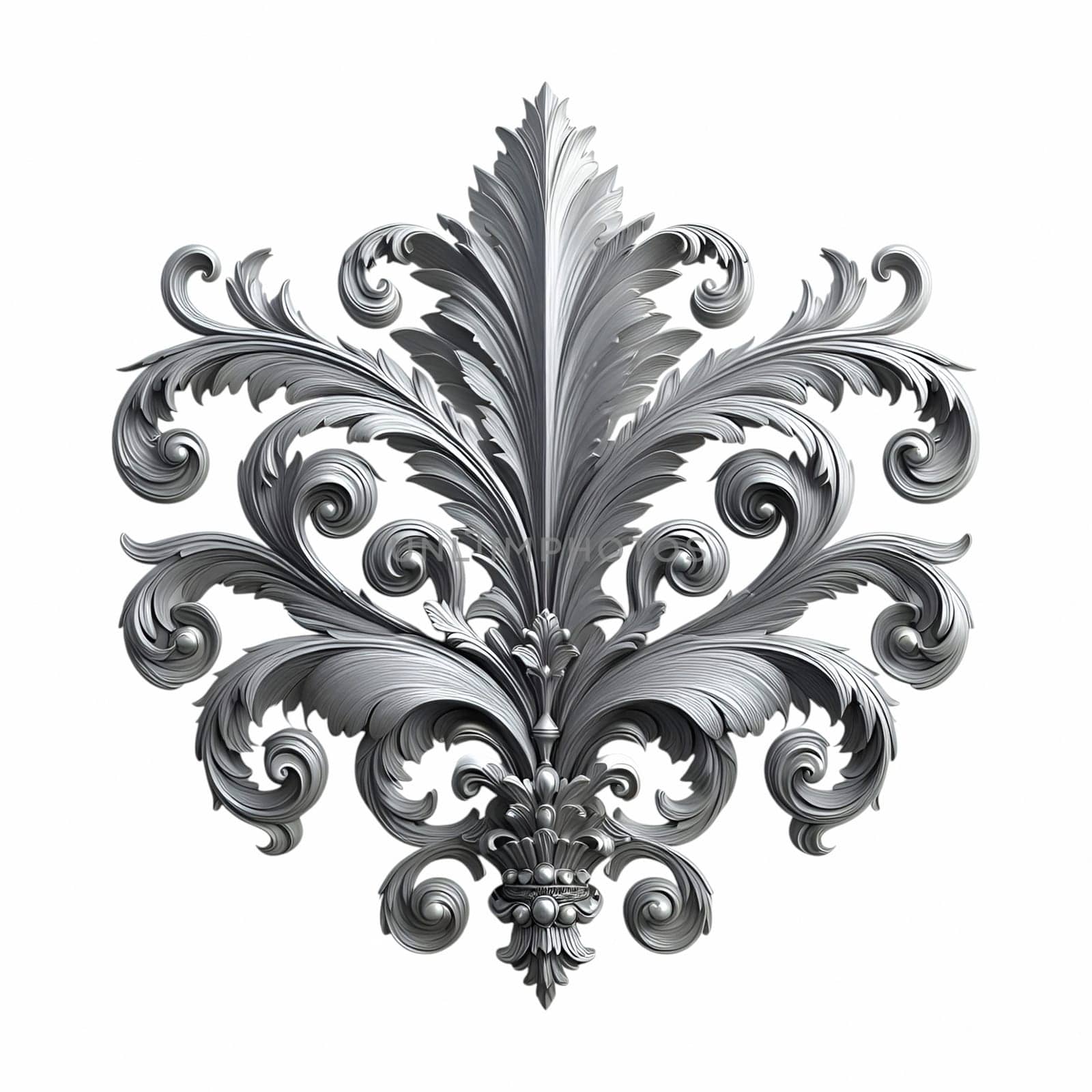A silver baroque ornament featuring intricate scrolls and flourishes against a white background. the ornament has a vintage, antique appearance with a metallic, silver texture.