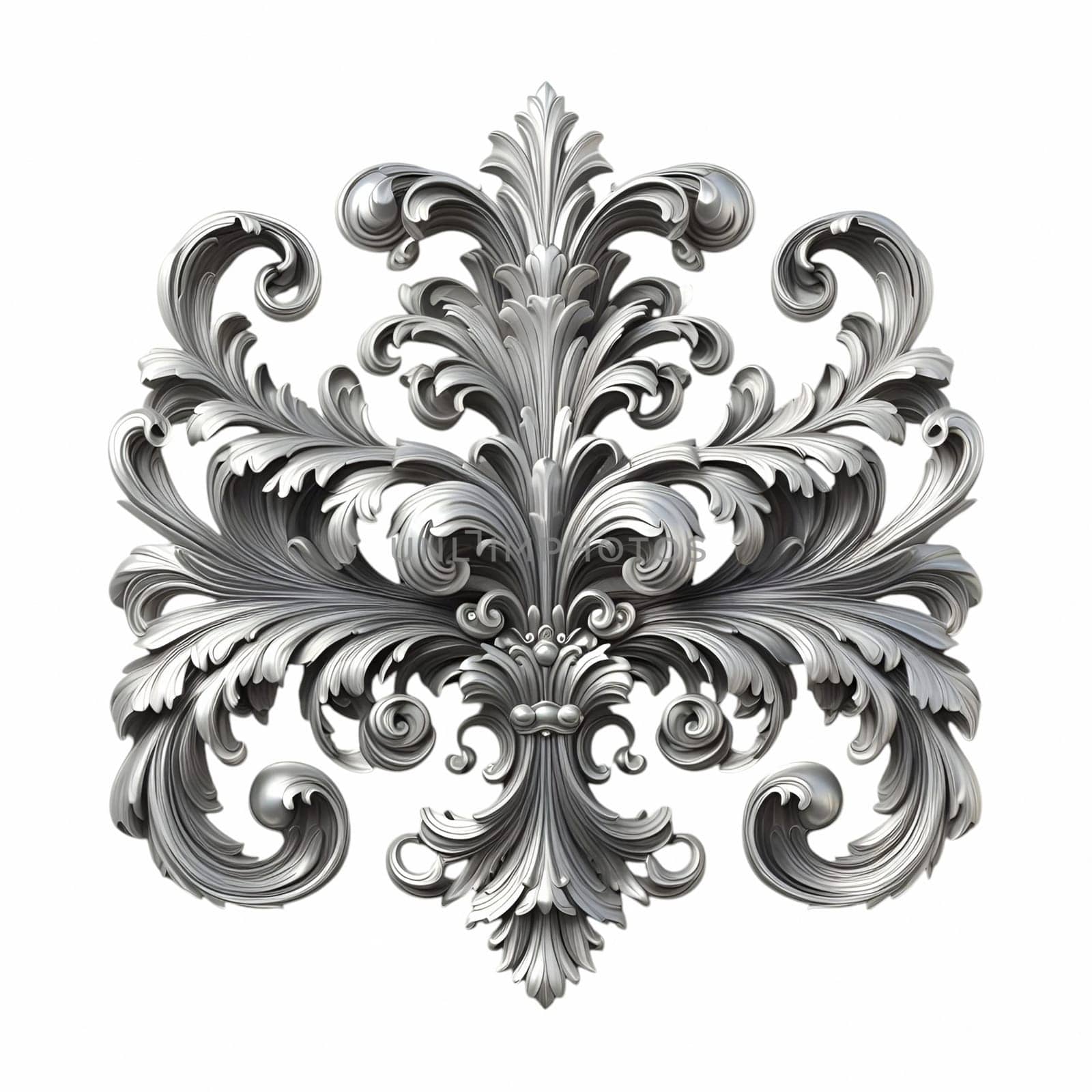 A silver baroque ornament featuring intricate scrolls and flourishes against a white background. the ornament has a vintage, antique appearance with a metallic, silver texture.