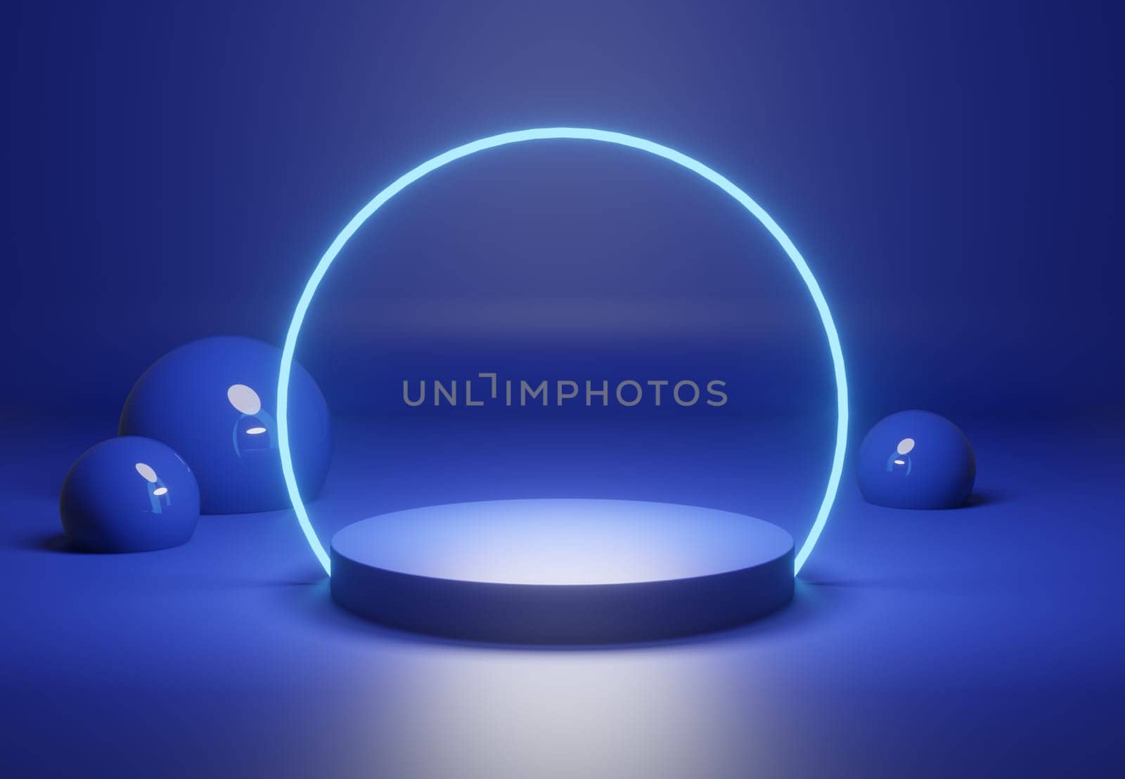 Illuminated pedestal with decoration in blue, mock up template concept, 3d rendering
