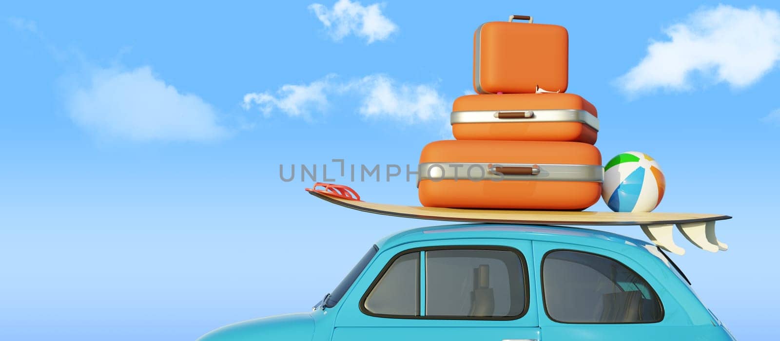 Retro small car with a surfboard and travel suitcases in front of a blue sky background, tourism concept, 3d rendering