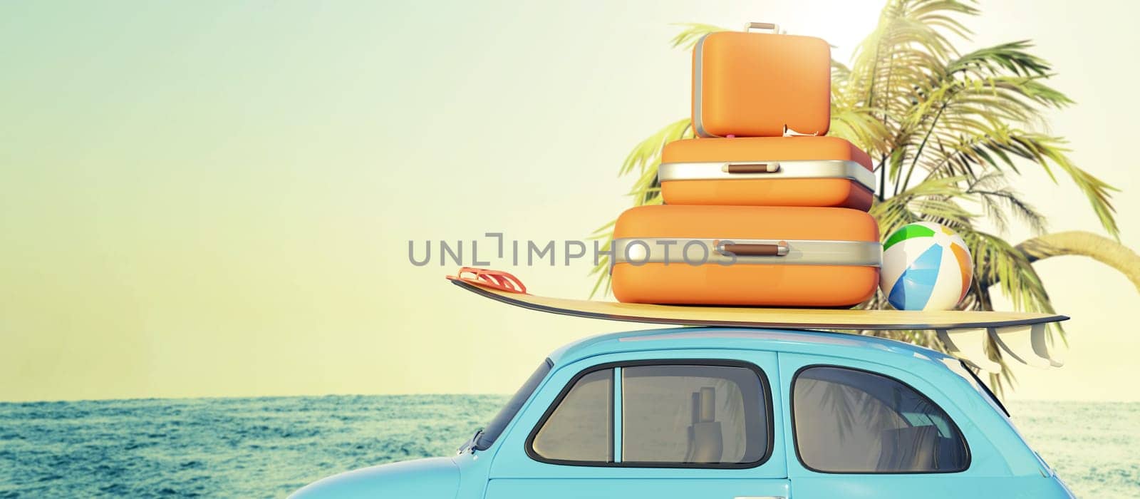 Retro small car with a surfboard and travel suitcases in front of the vast ocean, vacation or travel concept, 3d rendering