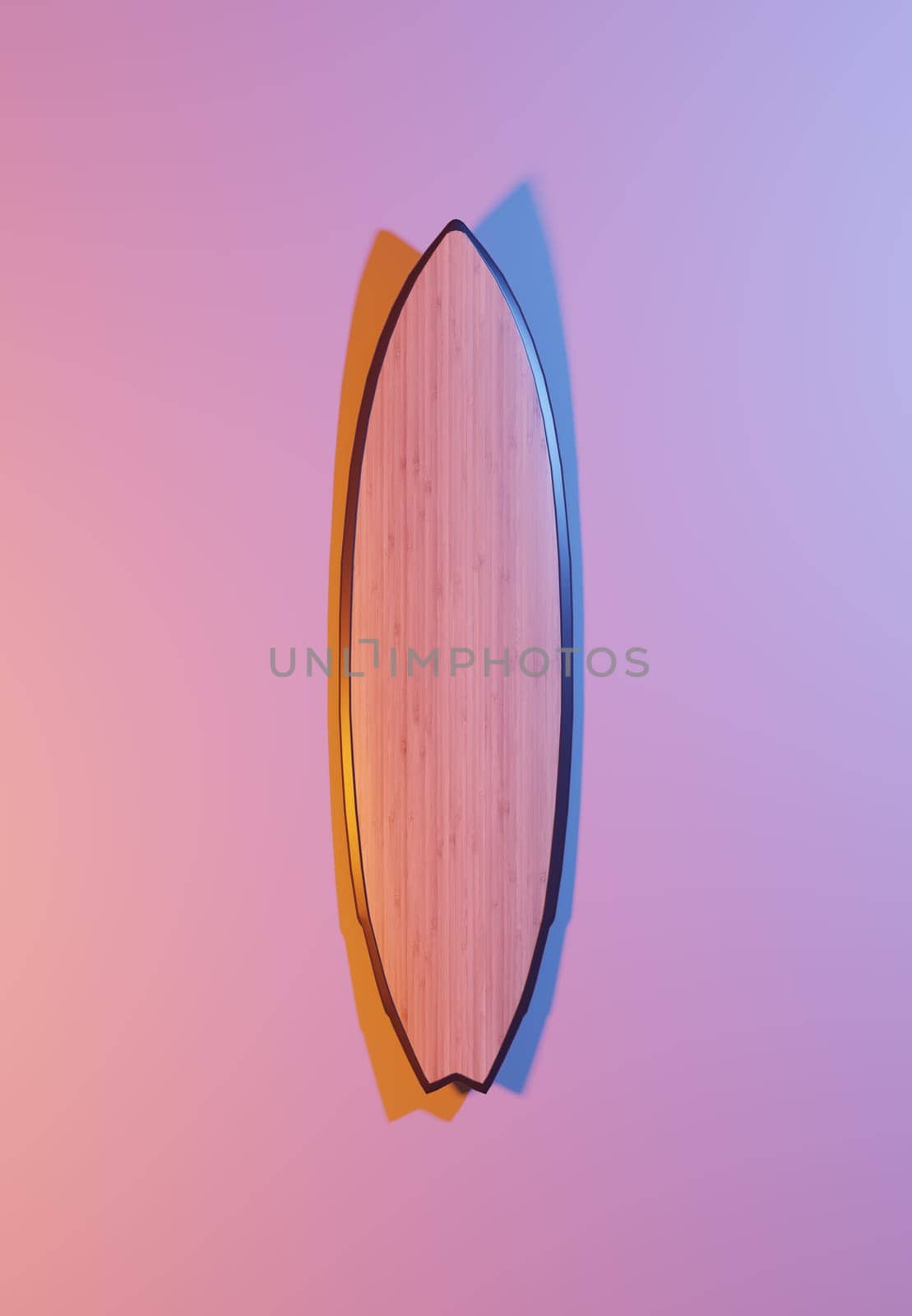 Surfboard with blue and orange light on a pink background, 3d rendering