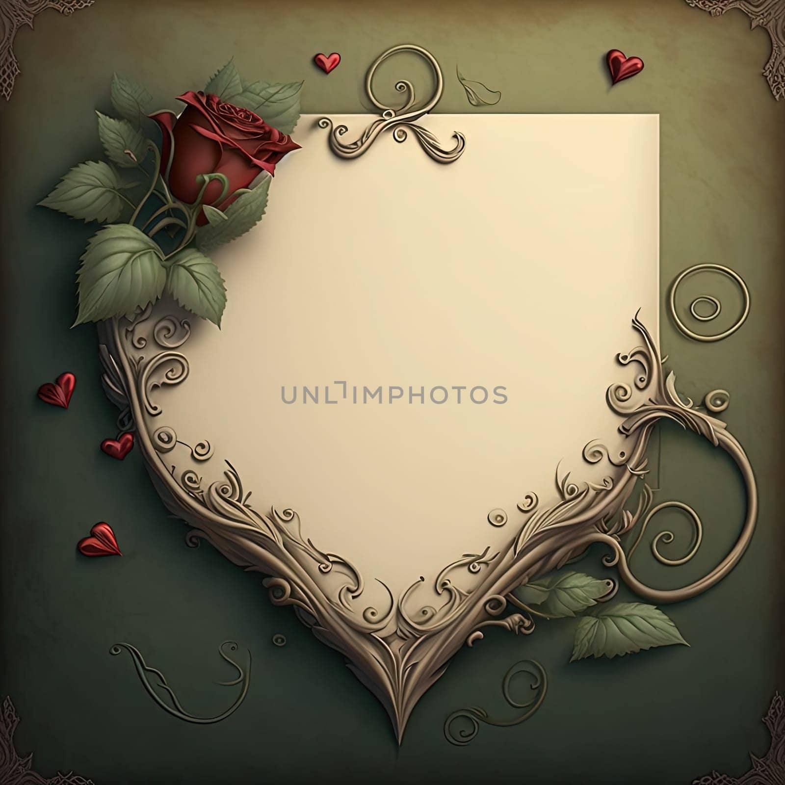 This charming image depicts a bright red love heart surrounded by a delicate bouquet of roses. Crafted with the use of advanced AI technology, this postcard is a beautiful way to express your love and affection to someone special. The image is generated with the use of an AI.