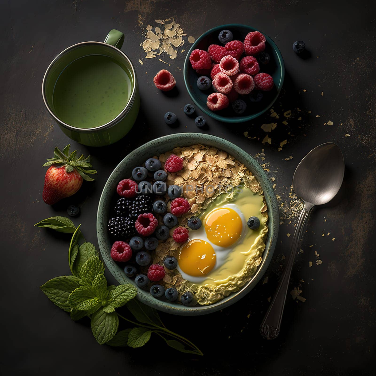 A delicious and nutritious depiction of healthy food, this painting showcases the variety of colors, textures, and flavors that berries and grains have to offer. The image depicts a mixture of different berries and grains, arranged in a way that highlights their natural beauty and richness. The image is generated with the use of an AI. I