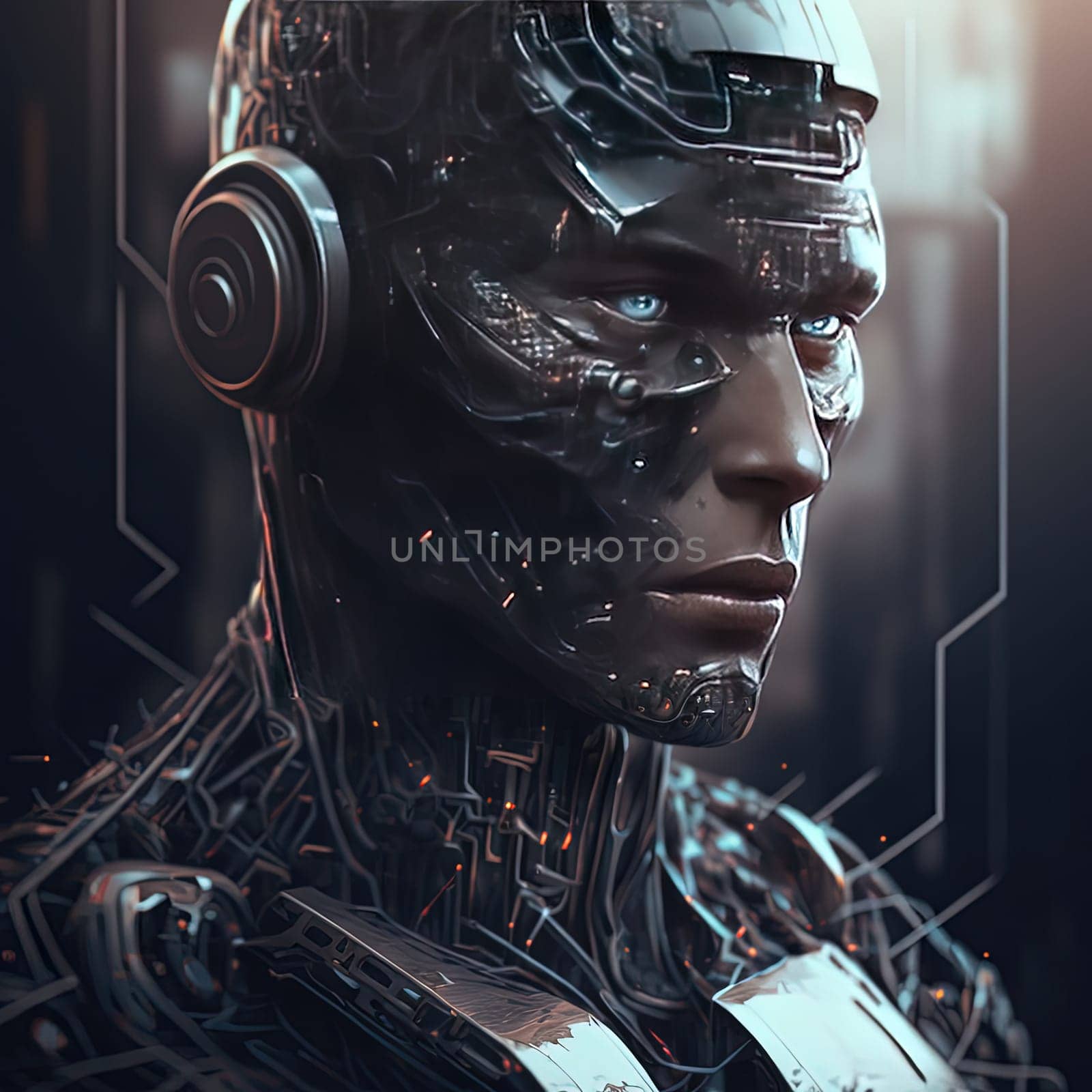 This painting depicts a futuristic and enigmatic cyborg, showcasing the individual's advanced technology and mechanical enhancements. The portrait captures the complex and intriguing nature of this technologically advanced being. The image is generated with the use of an AI.