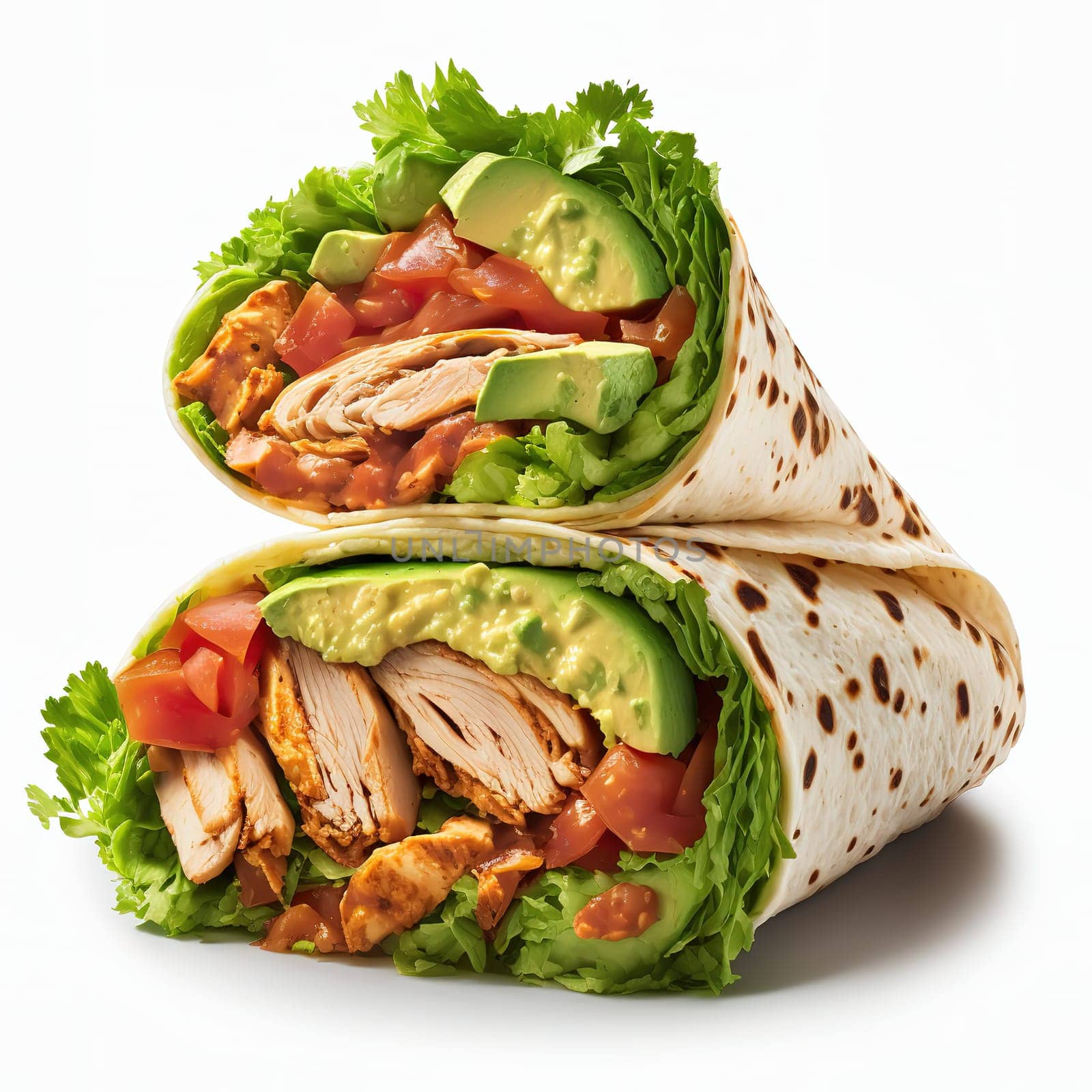 This painting features a hearty and nutritious wrap filled with juicy meat and fresh vegetables. The image is a perfect balance between flavor and health, ideal for those who enjoy a delicious and healthy lifestyle. The image is generated with the use of an AI.