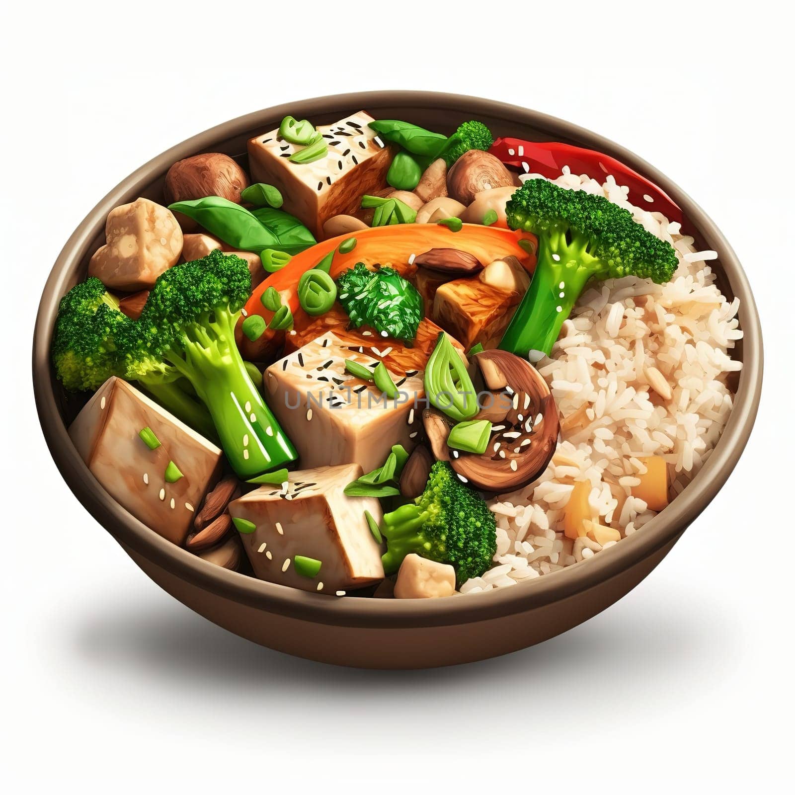 An appetizing and visually stimulating depiction of healthy food, this painting celebrates the rich flavors and textures of broccoli and rice. The image features a colorful arrangement of the ingredients, inviting the viewer to imagine the taste and aroma of this delicious meal. The image is generated with the use of an AI.