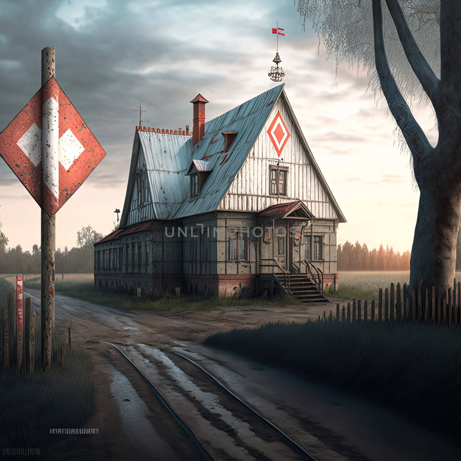 This painting depicts a cozy house nestled by the side of a road. The focal point of the artwork is the Fluger, a traditional wooden windmill, towering in front of the house. The image is generated with the use of an AI.