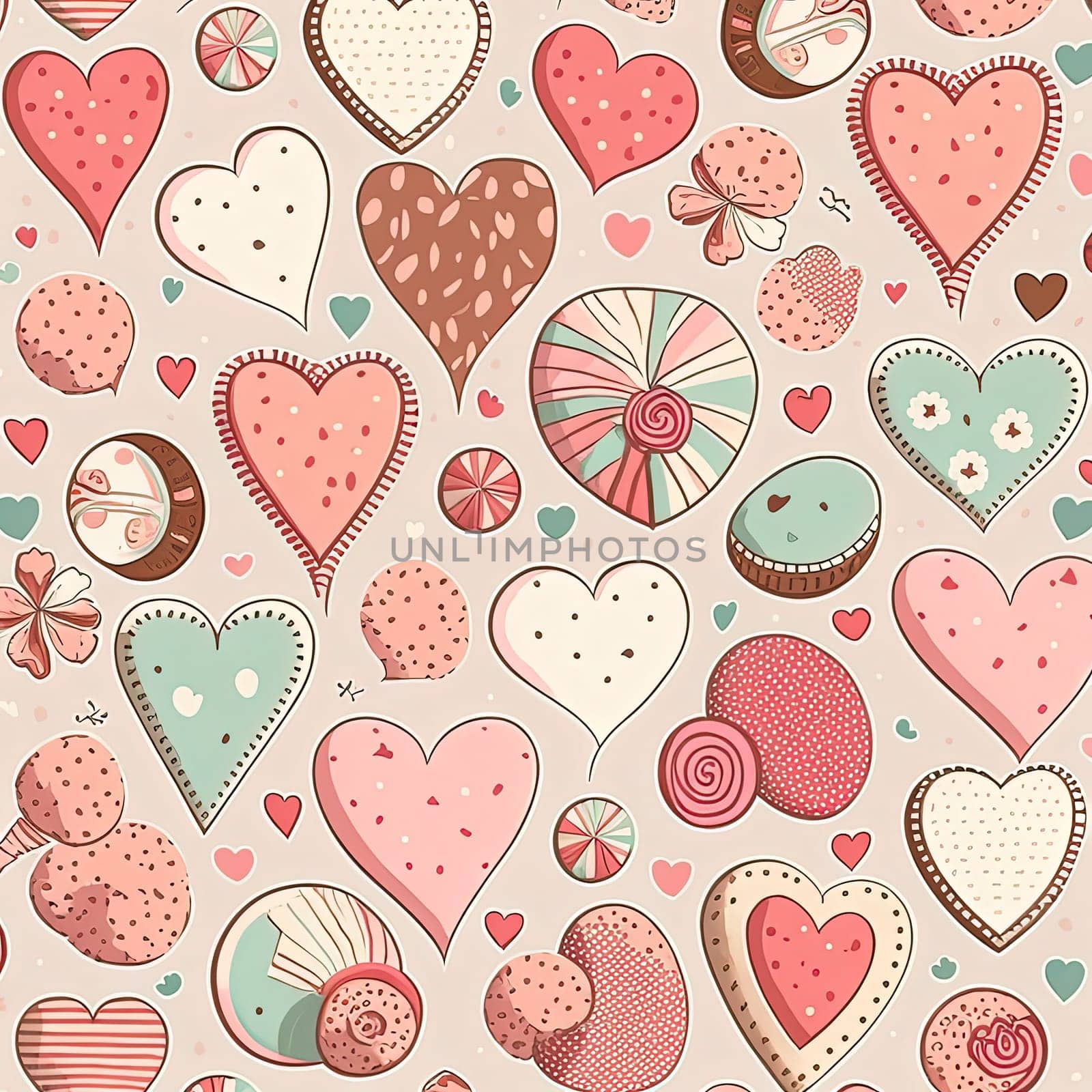 This vibrant digital artwork features a playful pattern of green and pink love hearts. The red love heart stands out as the focal point, surrounded by an array of smaller hearts in various shades of green and pink. The image is generated with the use of an AI.