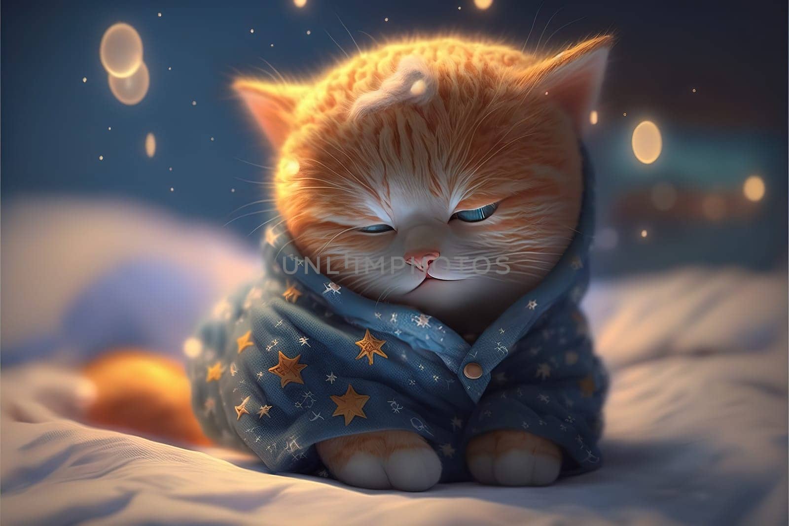A sleepy kitten is snuggled up in a cozy pair of pajamas, dreams of chasing butterflies and playing with toys. This whimsical image captures the essence of childhood innocence. The image is generated with the use of an AI.