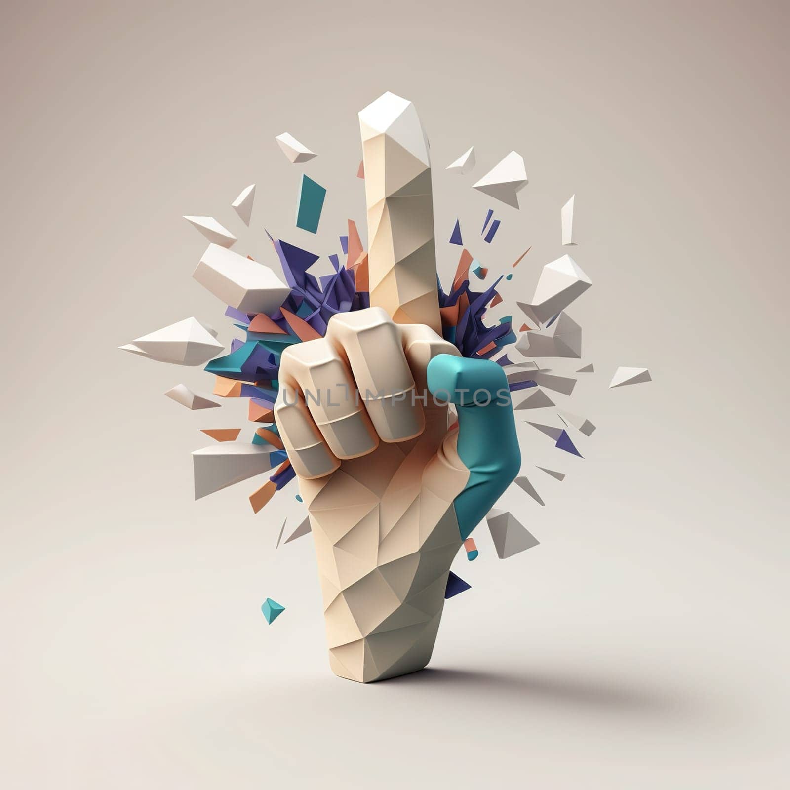 A vivid painting showcasing a hand pointing towards the sky, symbolizing hope and potential. The orange and blue color scheme adds to the feeling of excitement and positivity. The image is generated with the use of an AI.