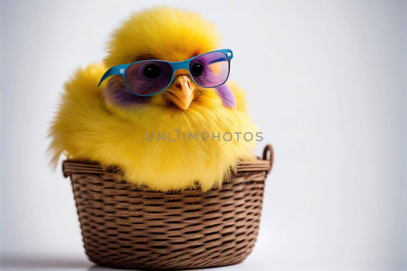 This abstract artwork depicts a vibrant yellow chick nestled in a woven basket, exuding a cheerful aura that brightens the whole scene. The use of warm colors and playful shapes convey a sense of hope and happiness. The image is generated with the use of an AI.