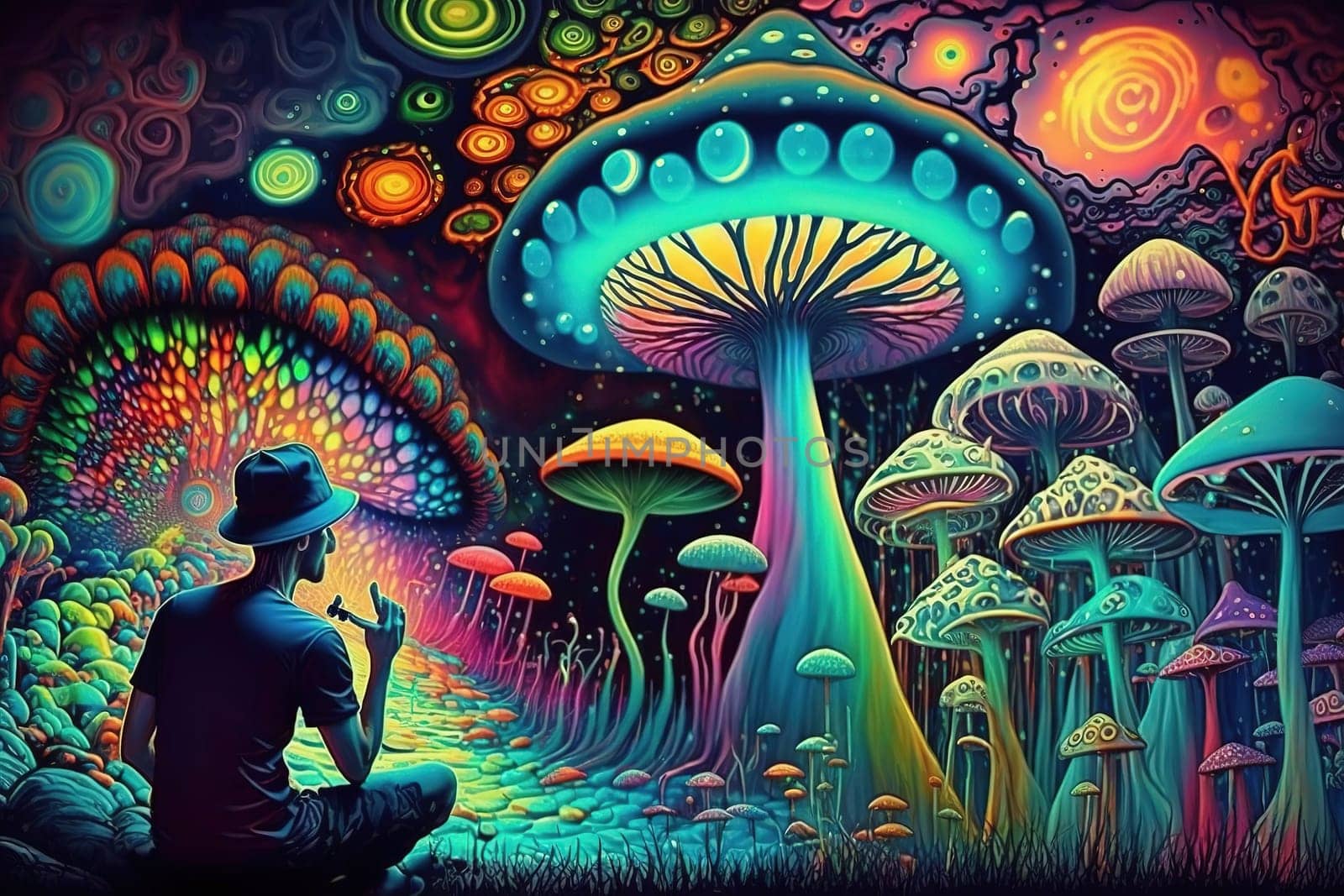 This mesmerizing painting captures a world filled with vibrant and mystical mushrooms. The dreamy atmosphere transports the viewer to a surreal world where anything is possible. The image is generated with the use of an AI.