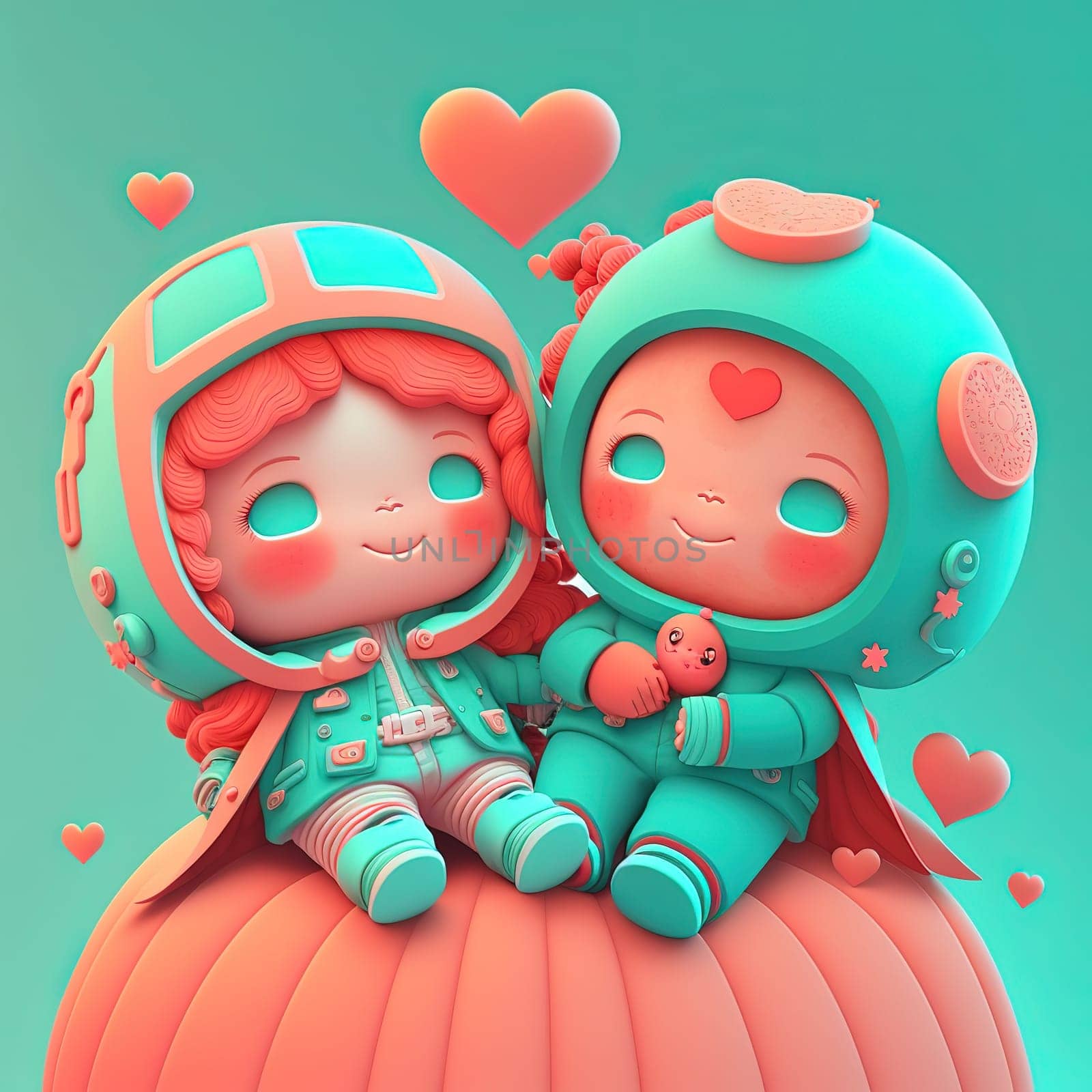 This painting showcases an endearing illustration of a loving couple. The figures are intricately painted in a combination of green and pink, creating a whimsical and playful ambiance. The image is generated with the use of an AI.