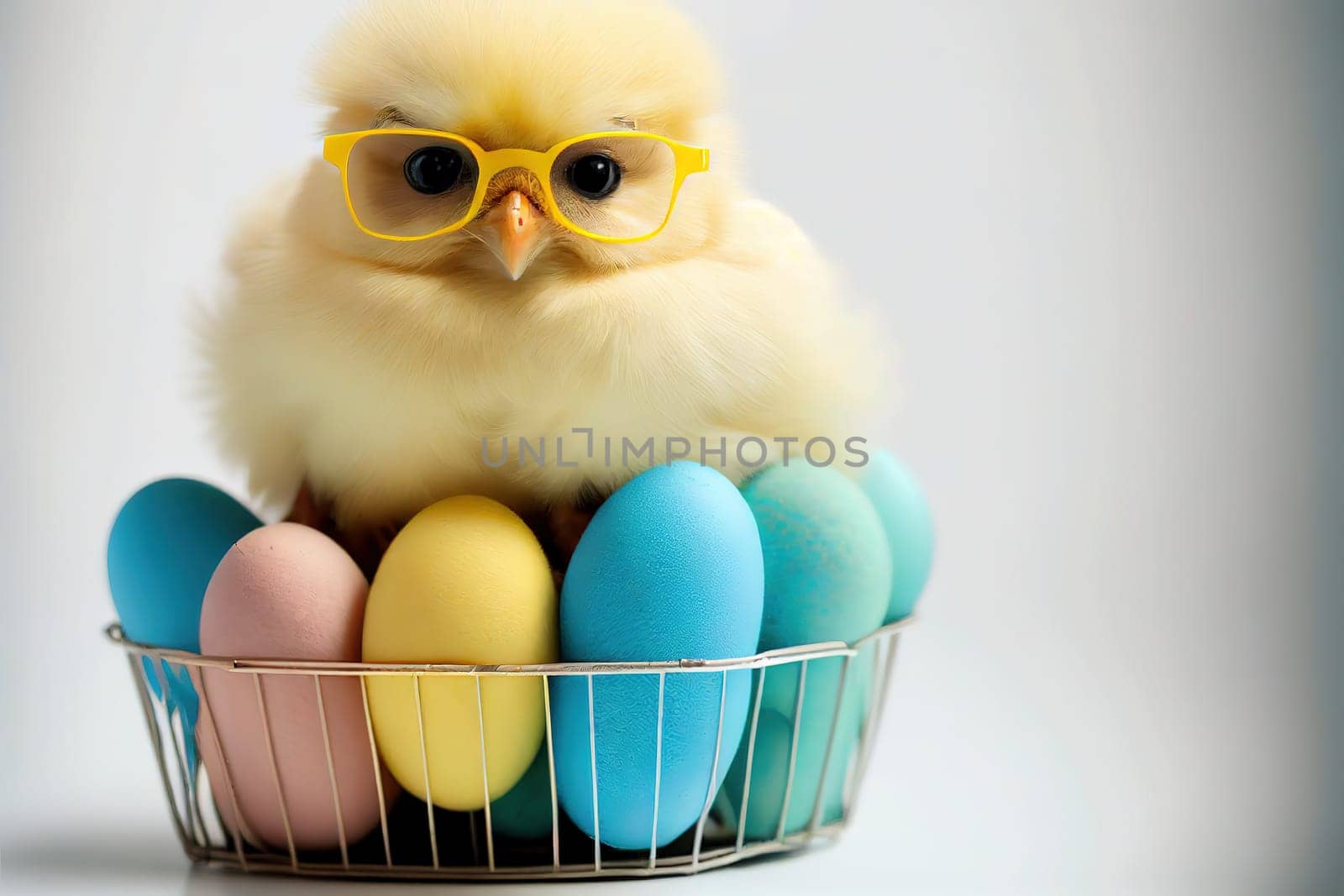 A cute yellow chick sits in a basket filled with colorful Easter eggs. The chick has a cheerful expression and is surrounded by flowers, making for a cheerful and bright image. The image is generated with the use of an AI.