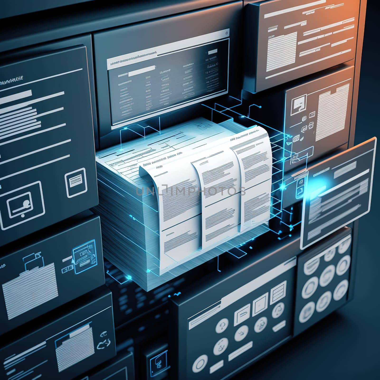 This painting depicts a futuristic archive, where digital memories are kept safe and secure. The center of the painting features a large, glowing vault, surrounded by sleek, high-tech machinery. The image is generated with the use of an AI.