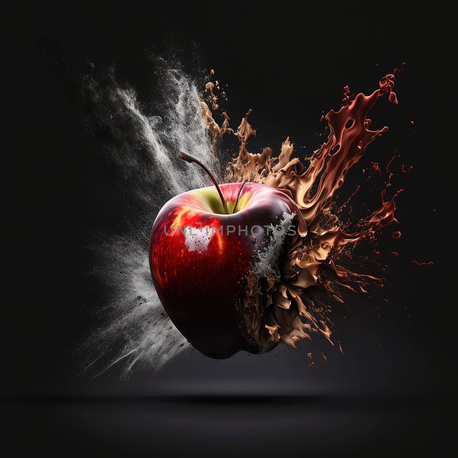 The painting depicts a vibrant red apple, split open and revealing its juicy interior. The torn pieces seem to symbolize the unraveling of something once whole and perfect. The image is generated with the use of an AI.
