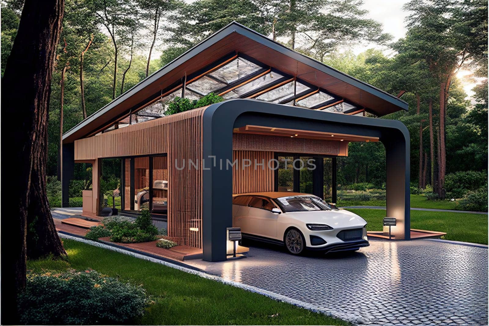 This painting captures a stunning white car parked in front of a serene forest retreat house. The lush green trees and the calm ambiance of the forest provide a peaceful backdrop for the sleek and stylish car. The image is generated with the use of an AI.