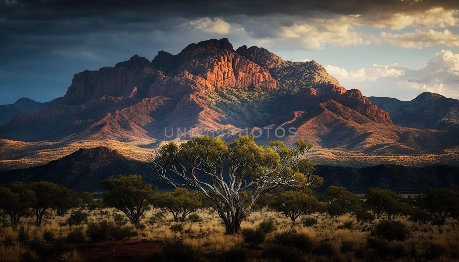 This breathtaking landscape features a tree in the foreground, with a majestic mountain in the background. The stunning scenery is brought to life with intricate details and vivid colors. The image is generated with the use of an AI.