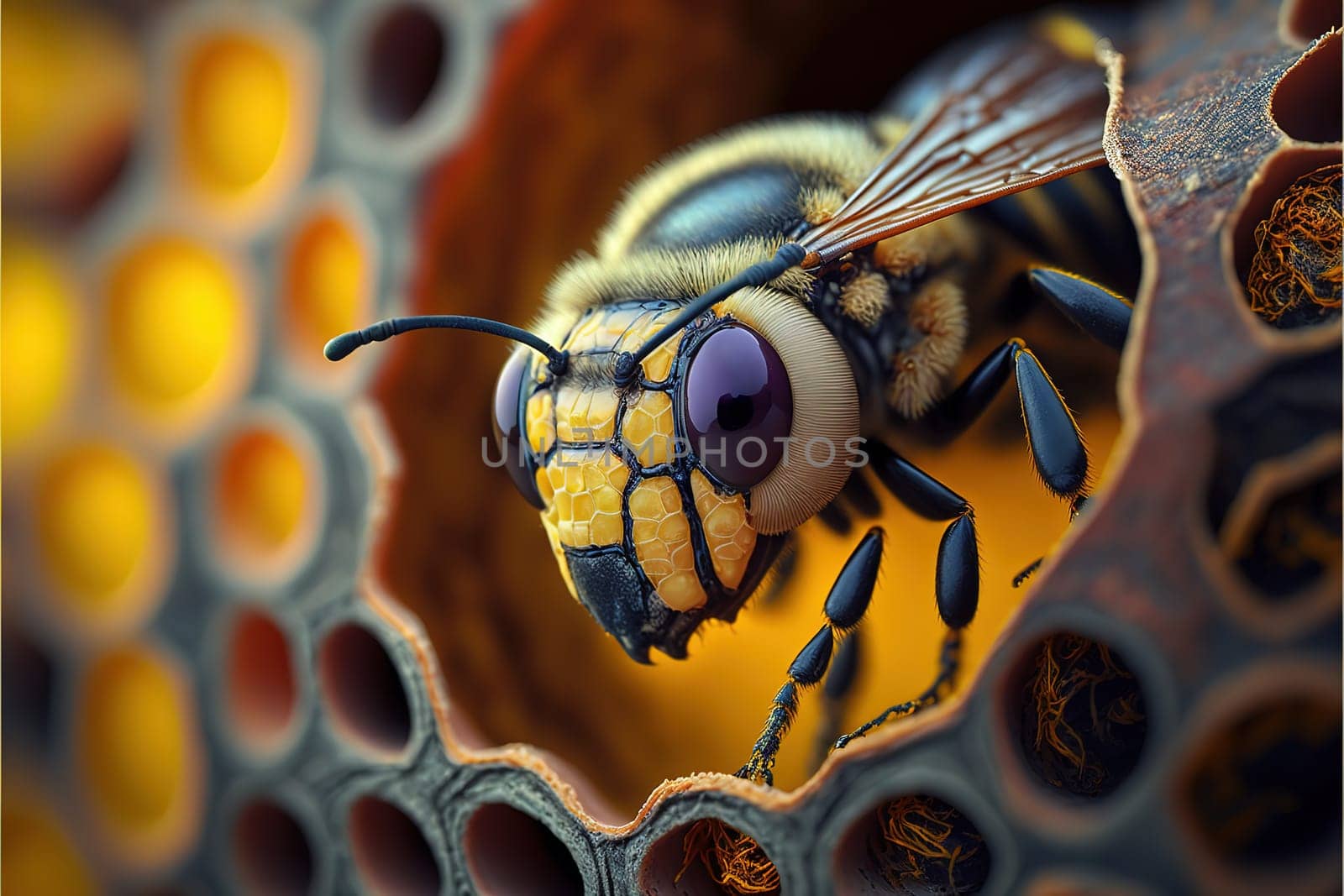 A vibrant depiction of the hive with bustling bees gathered around, collecting nectar and tending to their queen. The intricate details of the hive and its inhabitants are captured in stunning realism. The image is generated with the use of an AI.
