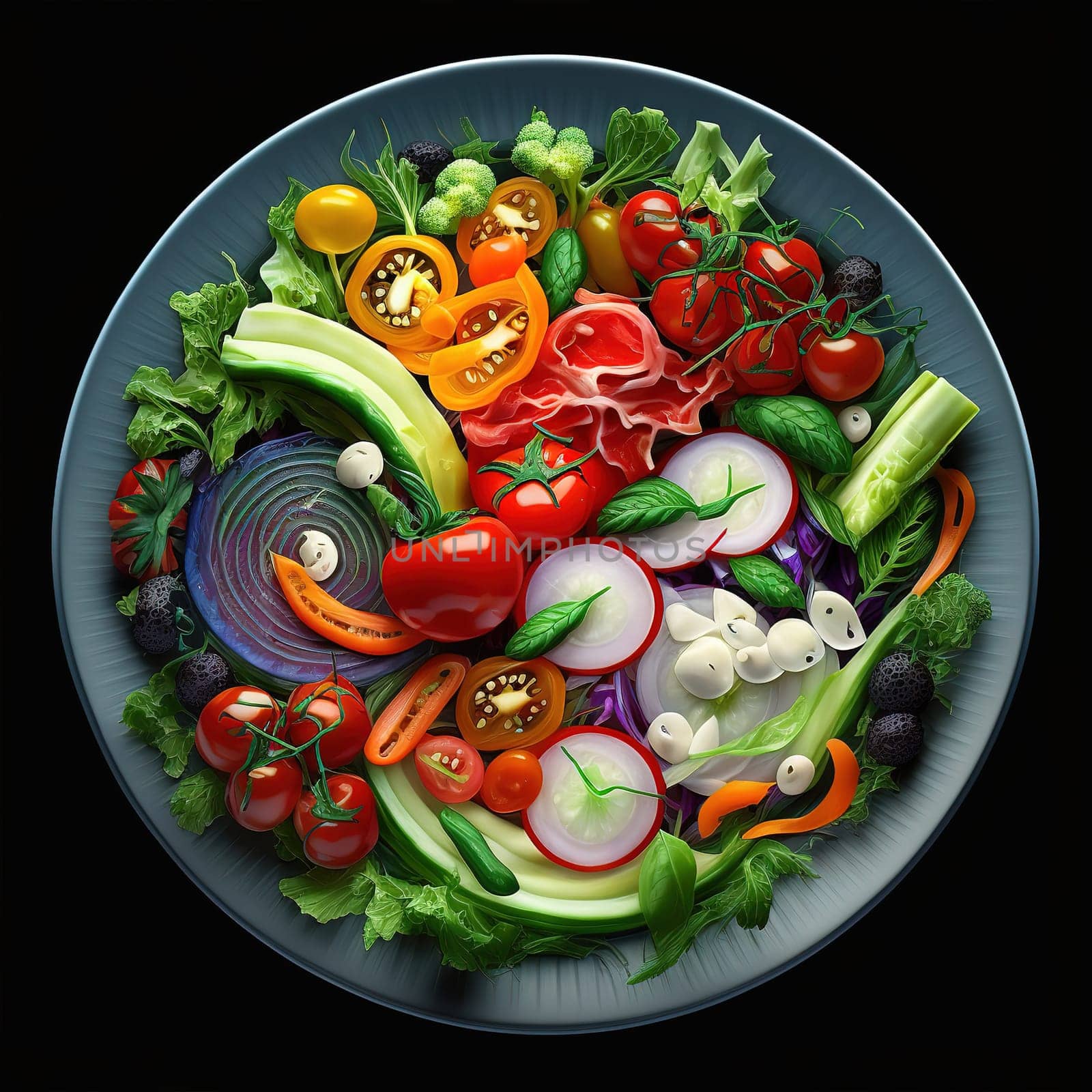 This painting showcases a variety of colorful vegetables sizzling on a pan, ready to be devoured. The image is full of life, radiating with positive energy and a love for healthy food. The image is generated with the use of an AI.