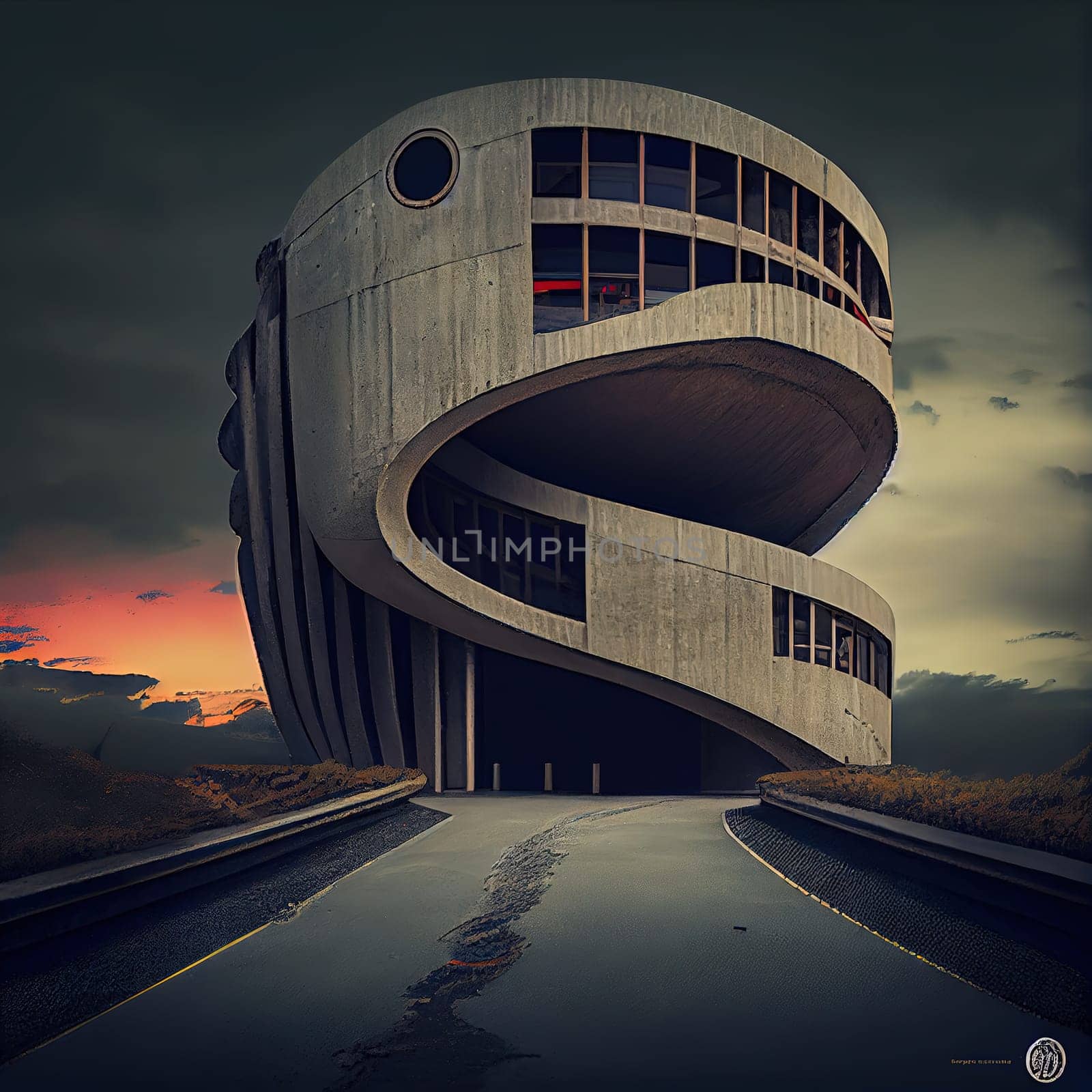 Description: A surreal depiction of a building with distorted, spiraling structures. The colors are muted and create an ethereal, otherworldly atmosphere. The image is generated with the use of an AI.