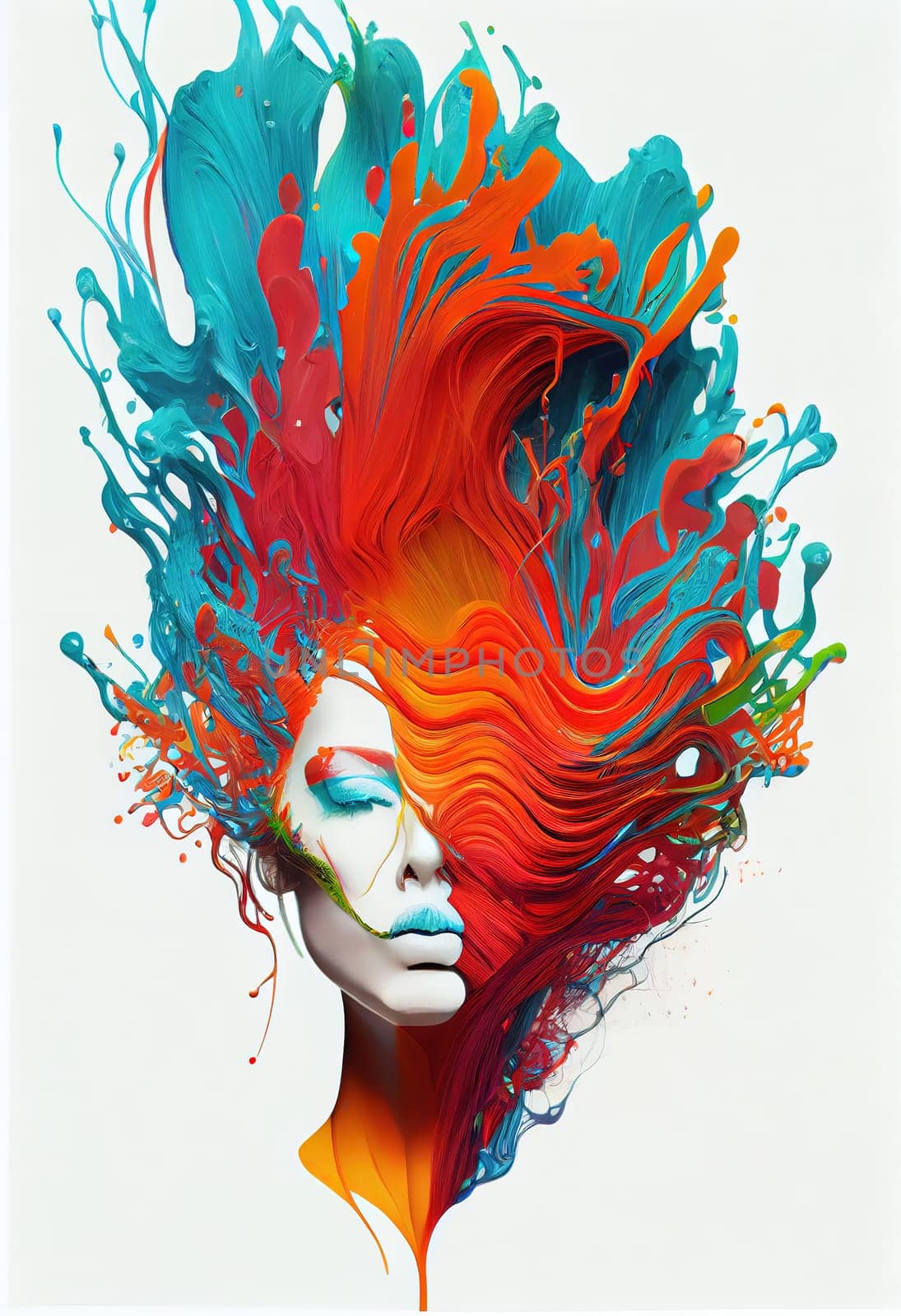 This portrait showcases a young woman with striking blue hair. Her confident gaze and unique hair color make for a bold and captivating image. The image is generated with the use of an AI.