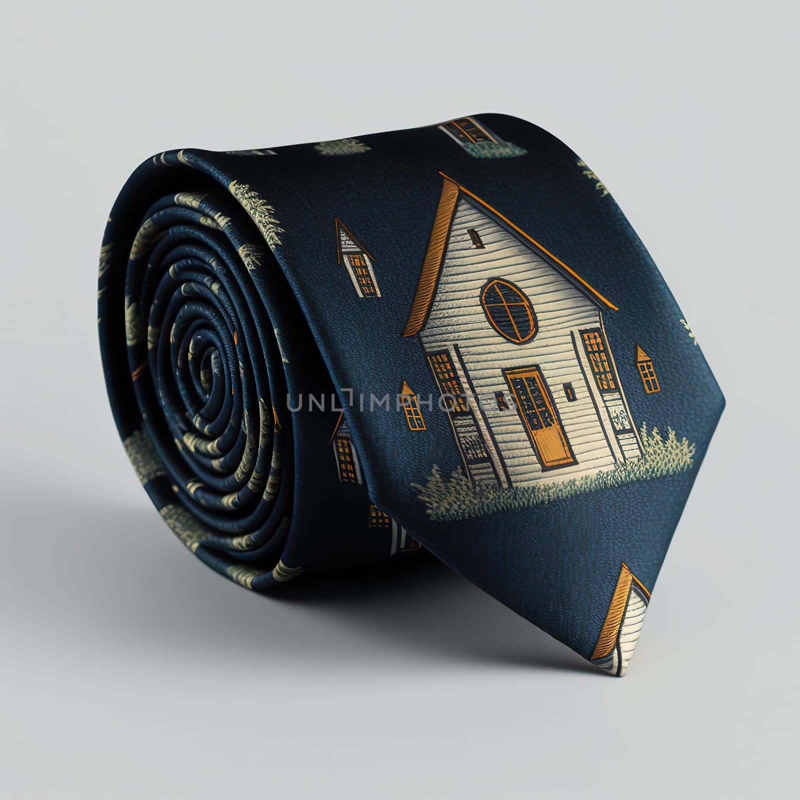The painting showcases a necktie adorned with a miniature house. The intricate details and vibrant colors capture the imagination and transport the viewer to a world of wonder. The image is generated with the use of an AI.