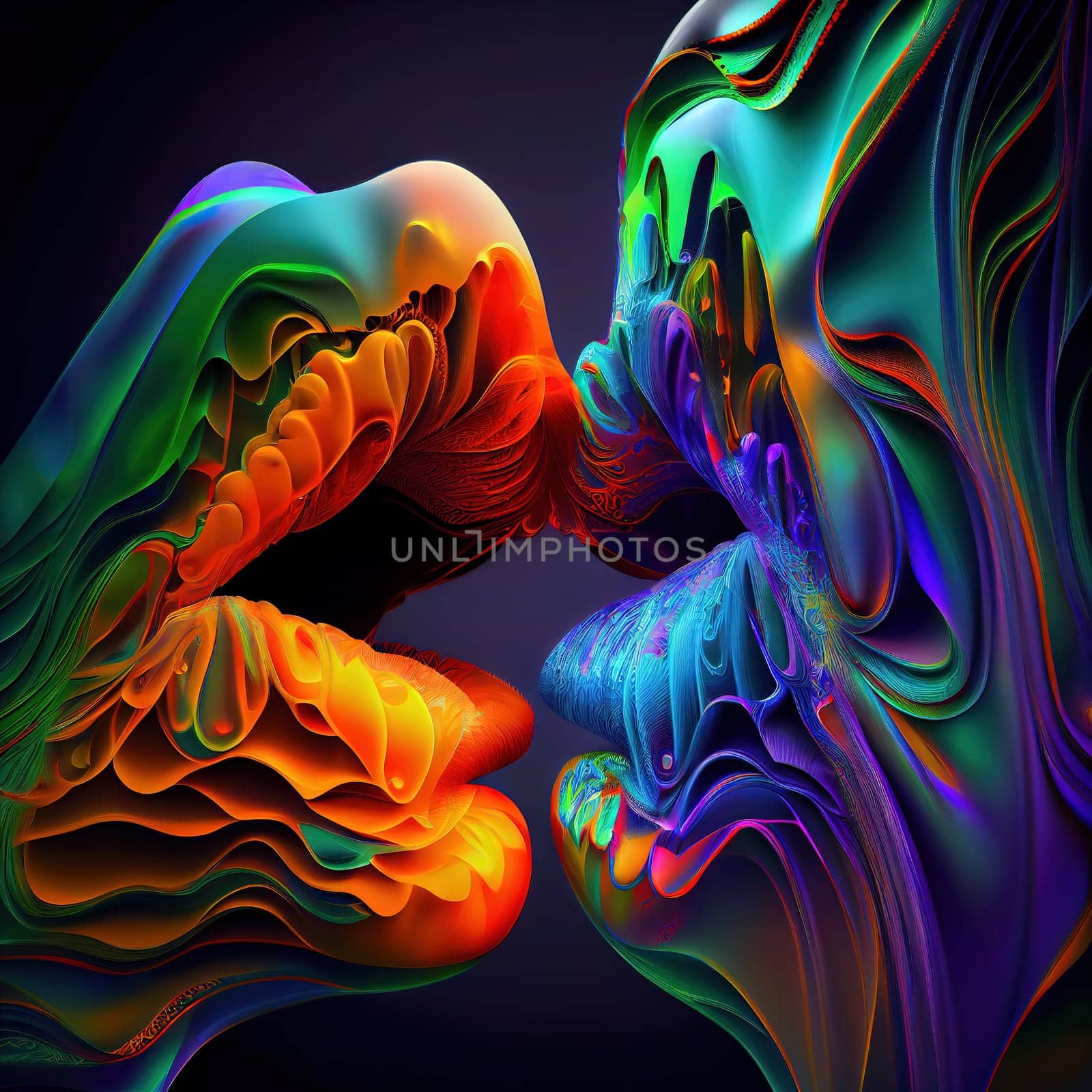 The painting depicts a passionate kiss between two people with brightly colored lips, representing love and diversity in all its forms. The vibrant colors and joyful expression convey a message of acceptance, unity, and happiness. The image is generated with the use of an AI.