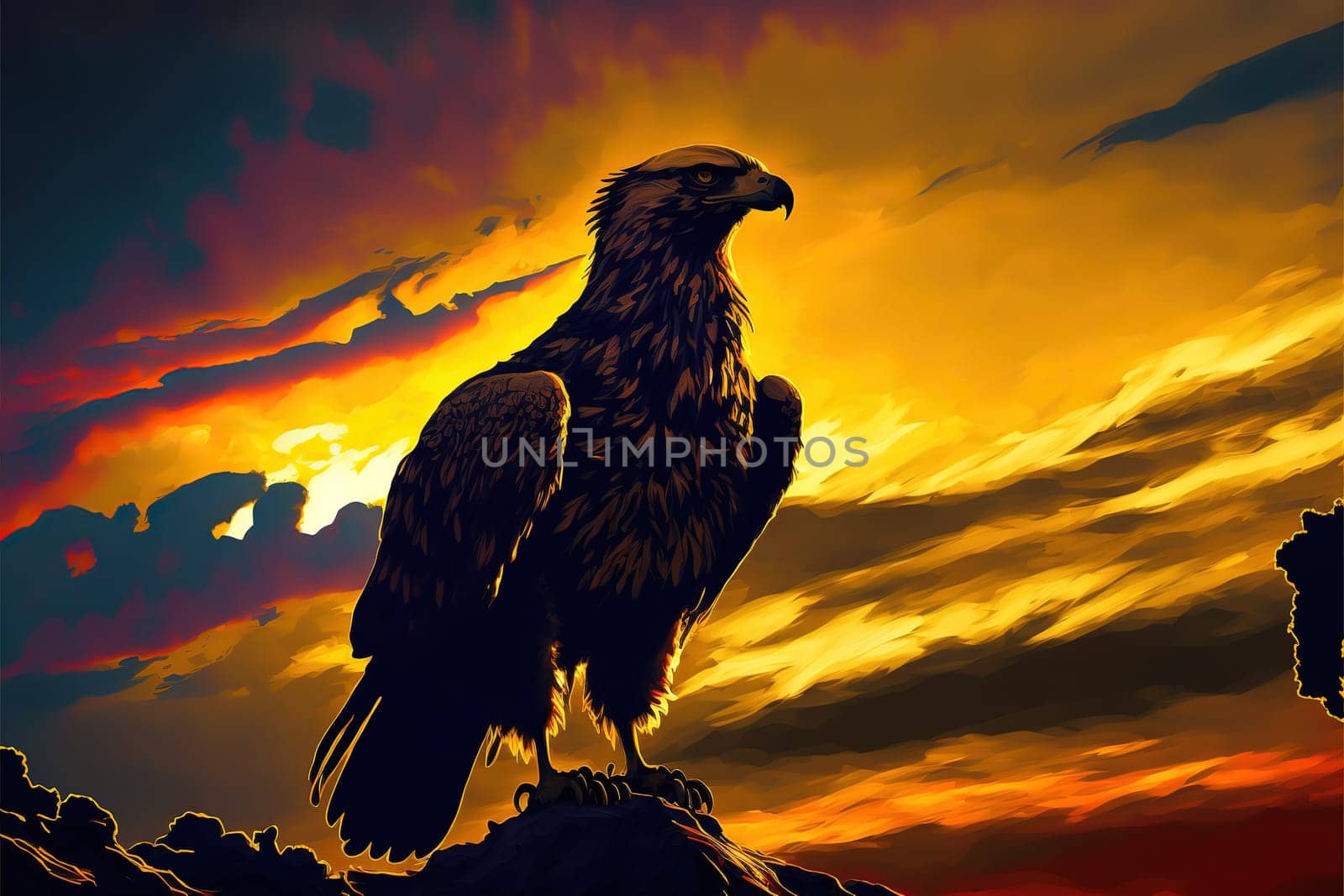 The majestic bird is captured in all its glory, soaring over a warm and tranquil sunset. The intricate details of the eagle's feathers and the vibrant hues of the sky are stunning, creating a breathtaking piece of art. The image is generated with the use of an AI, showcasing the capabilities of technology in the world of art.