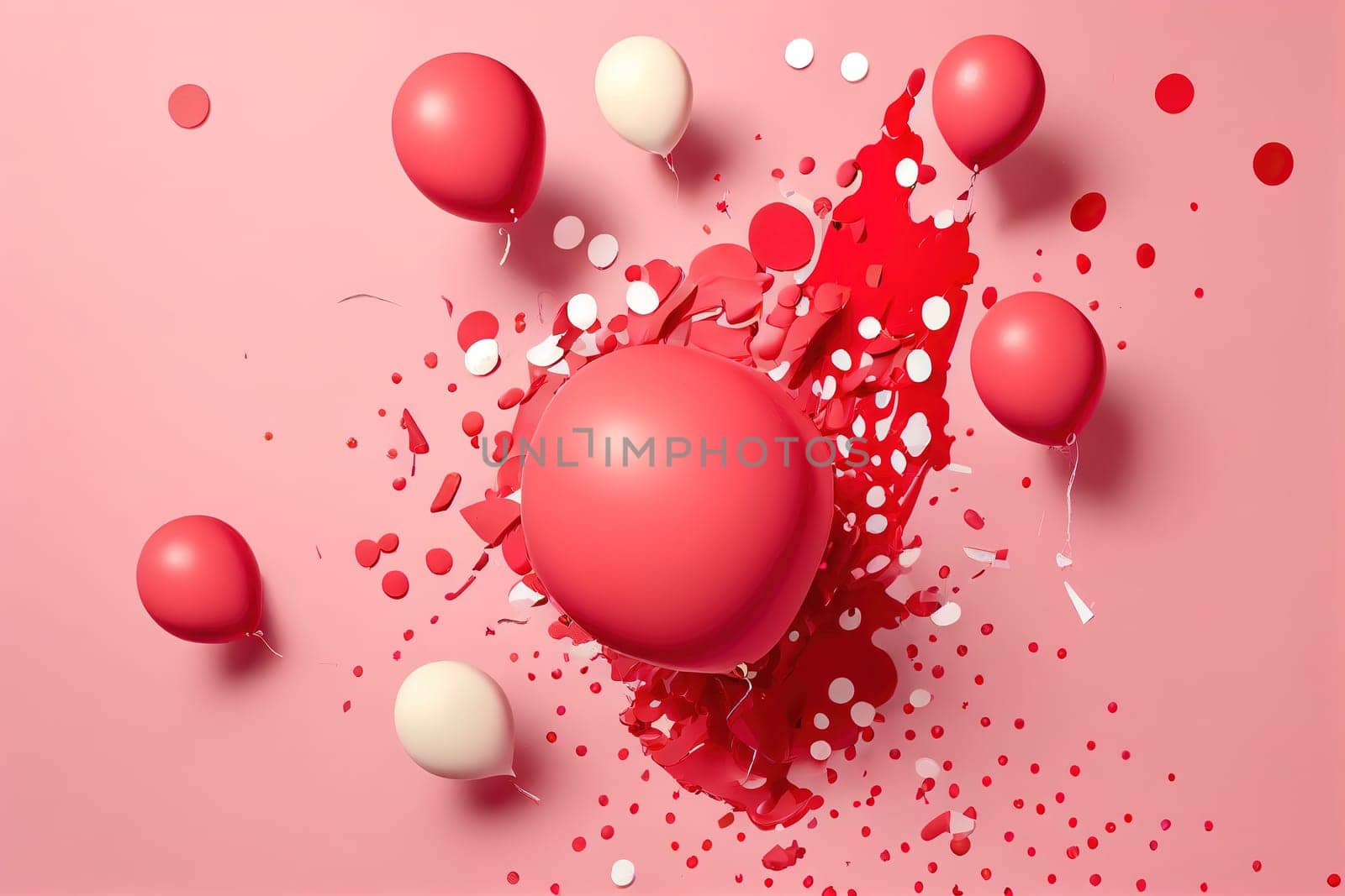 This picture showcases a sea of red and white bubbles on a pink background, creating a whimsical and lively atmosphere. The bubbles appear to be floating aimlessly, yet they seem to be moving towards a common direction. The image is generated with the use of an AI.