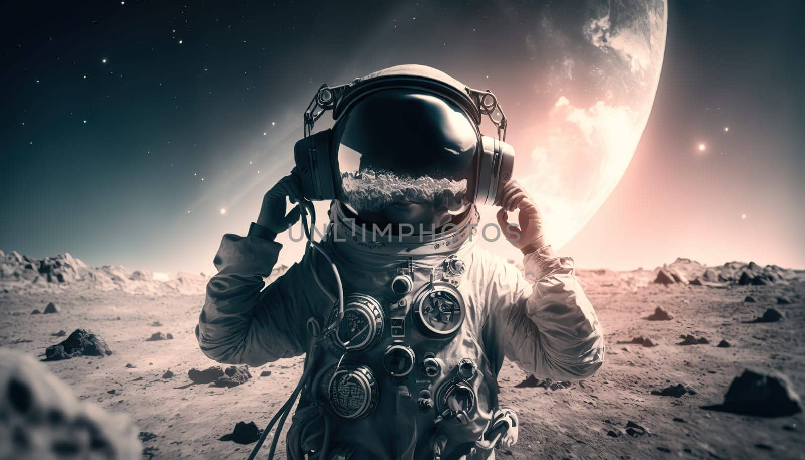 This picture showcases a DJ playing music in front of a breathtaking lunar landscape. The DJ is surrounded by the vibrant colors of his equipment and the quiet serenity of the moon. The image is generated with the use of an AI.
